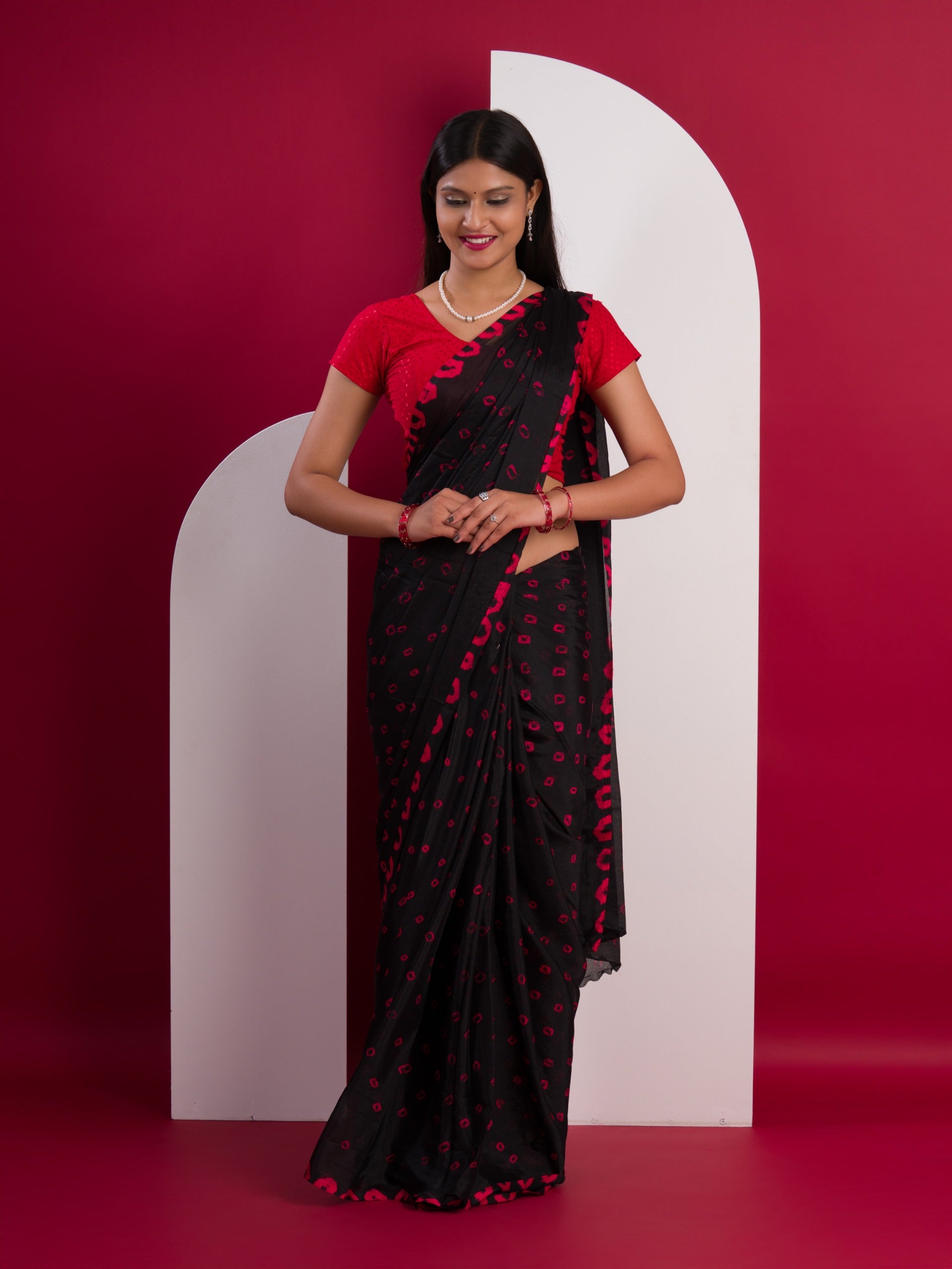 Chinon Silk Bandhani Style Sareein red and black colour under 1000