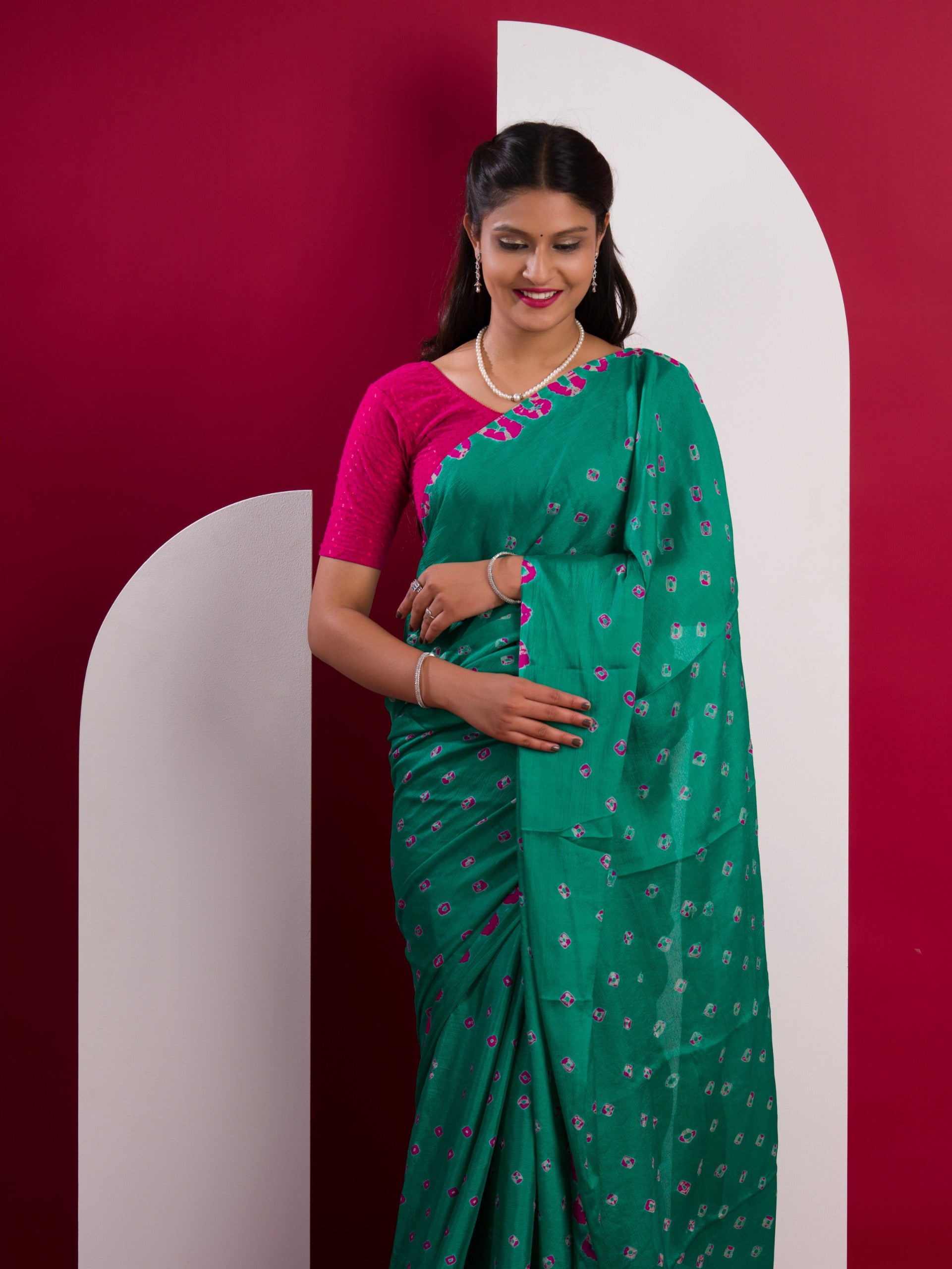 Chinon Silk Bandhani Style Sareein Rama colour under 1000