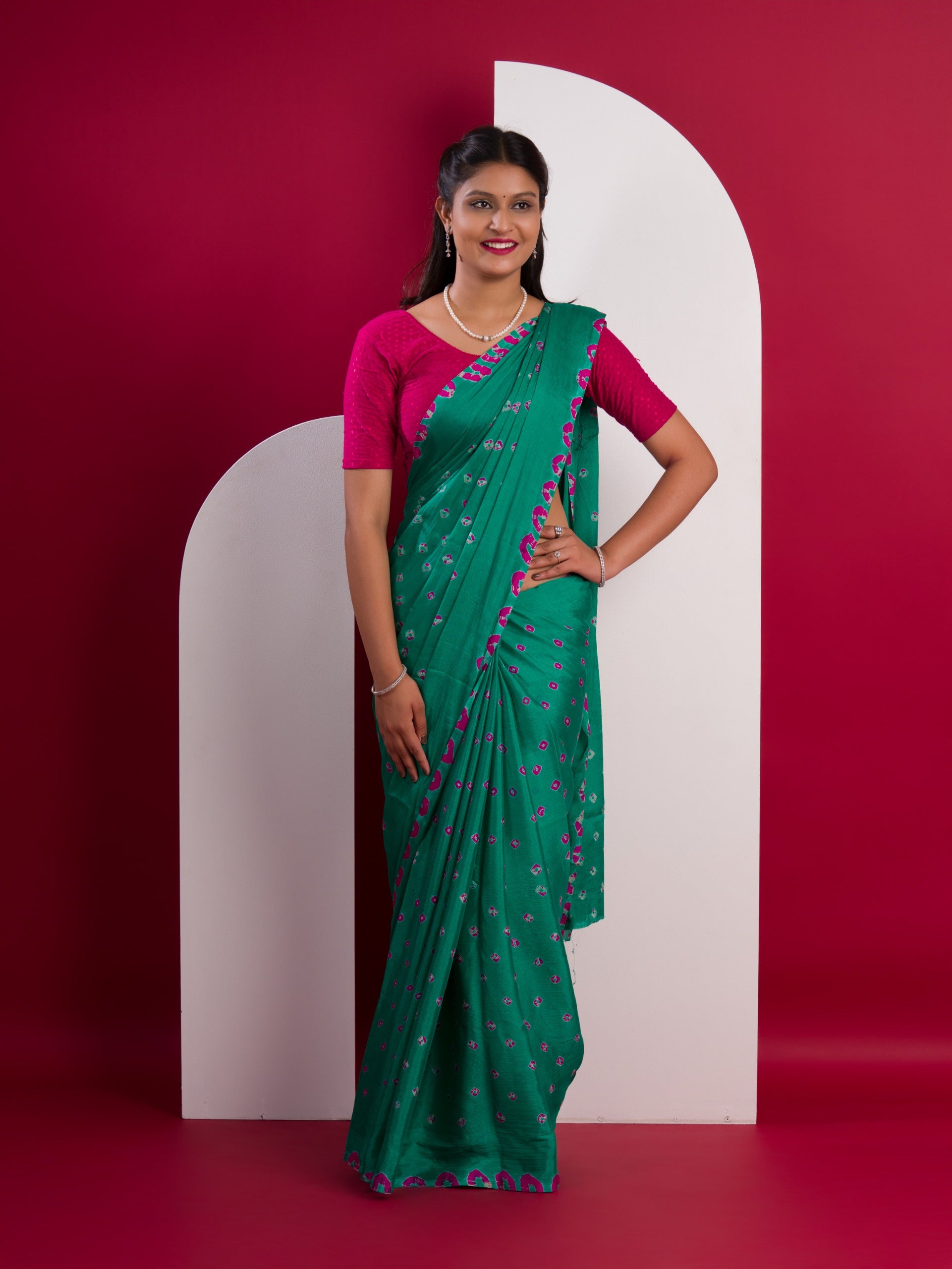 Chinon Silk Bandhani Style Sareein Rama colour under 1000