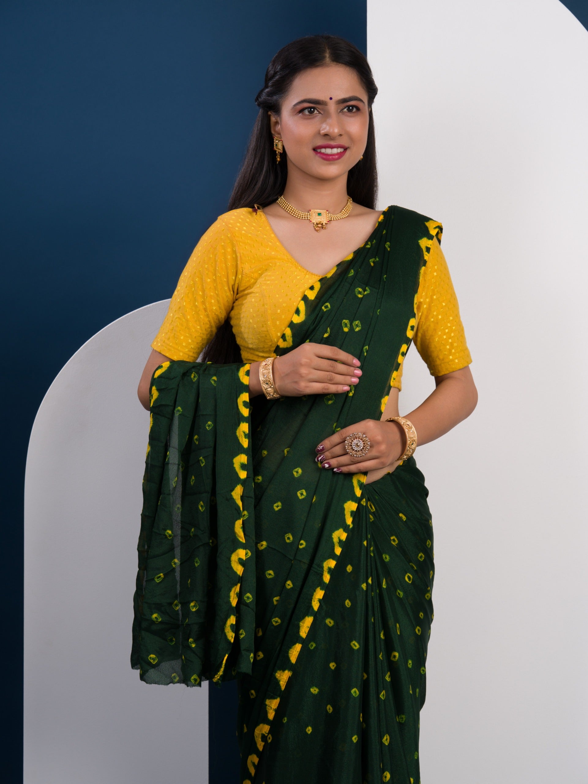 Chinon Silk Bandhani Style Sareein green and yellow colour under 1000