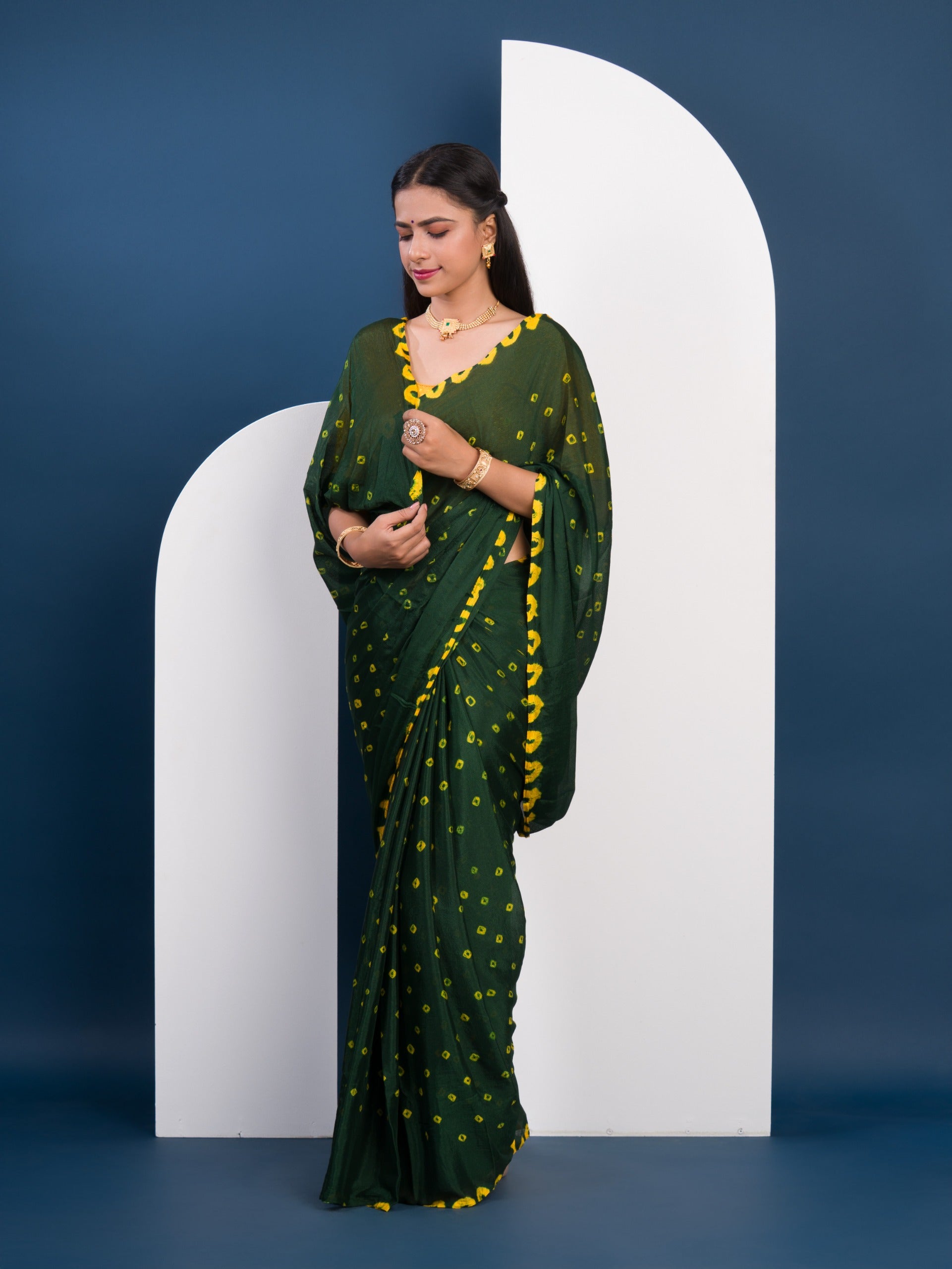 Chinon Silk Bandhani Style Sareein green and yellow colour under 1000