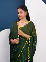 Chinon Silk Bandhani Style Sareein green and yellow colour under 1000