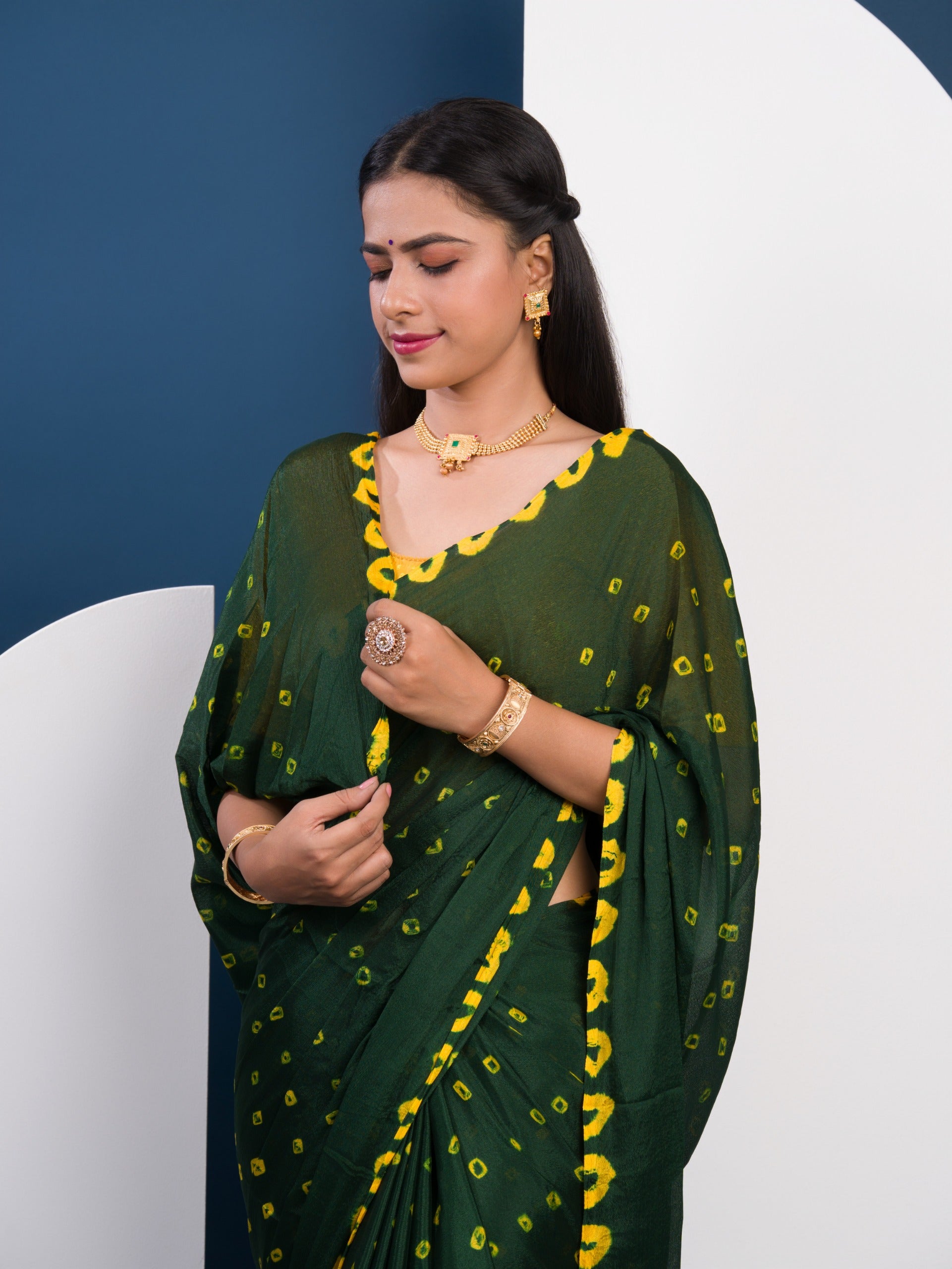 Chinon Silk Bandhani Style Sareein green and yellow colour under 1000