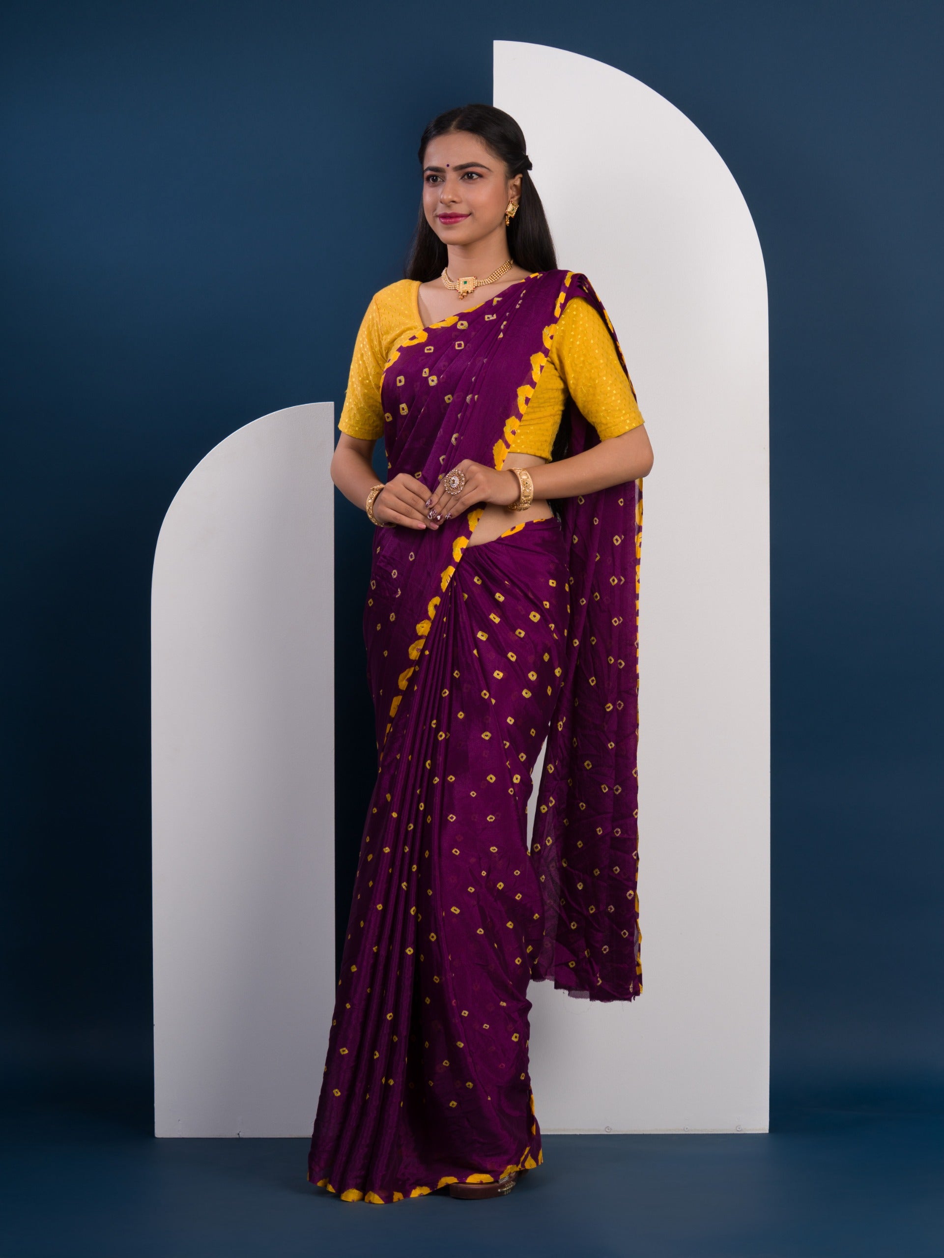 Chinon Silk Bandhani Style Sareein purple and yellow colour under 1000