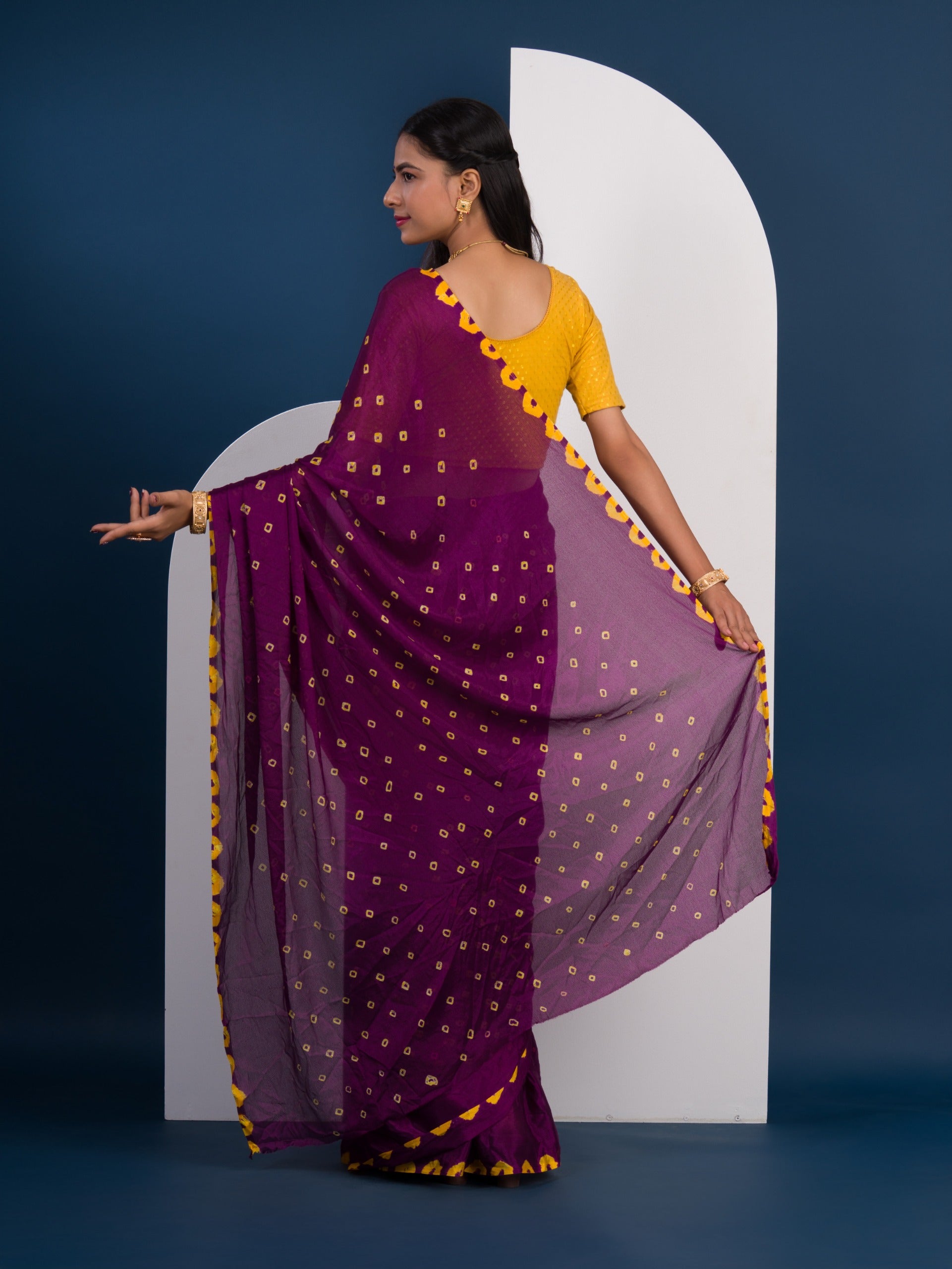 Chinon Silk Bandhani Style Sareein purple and yellow colour under 1000