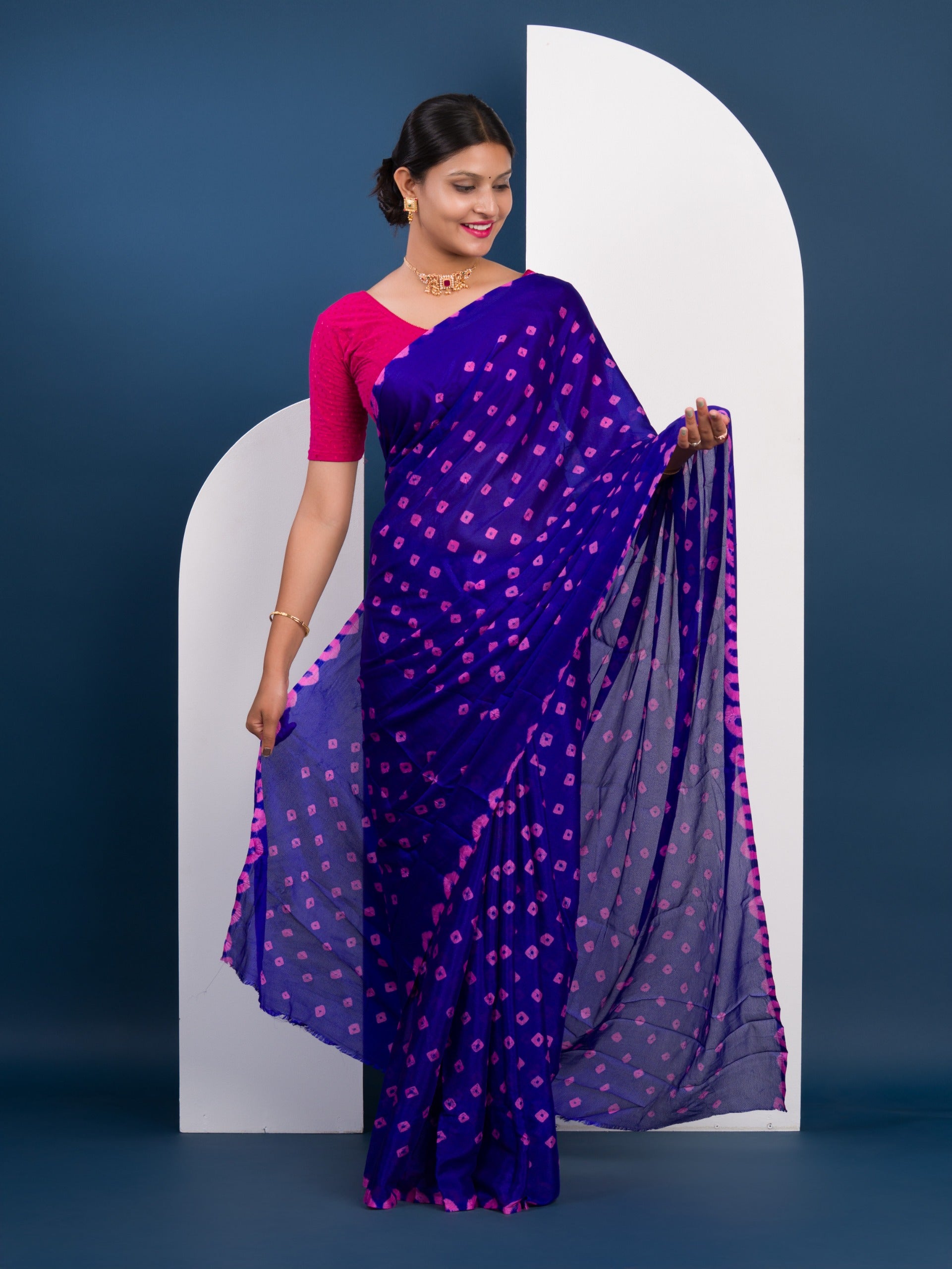 Chinon Silk Bandhani Style Sareein pink and blue colour under 1000
