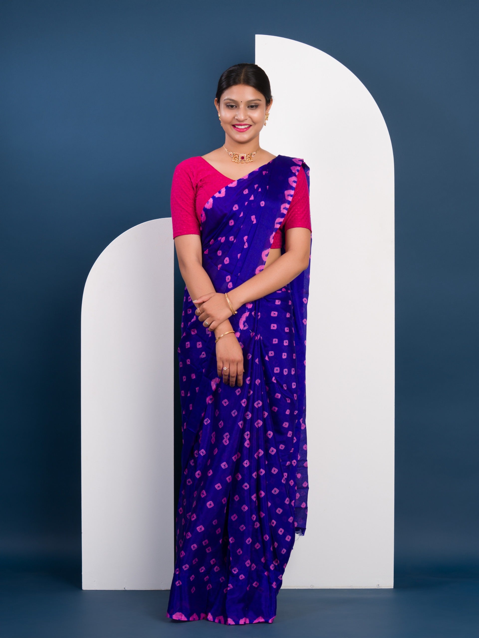 Chinon Silk Bandhani Style Sareein pink and blue colour under 1000