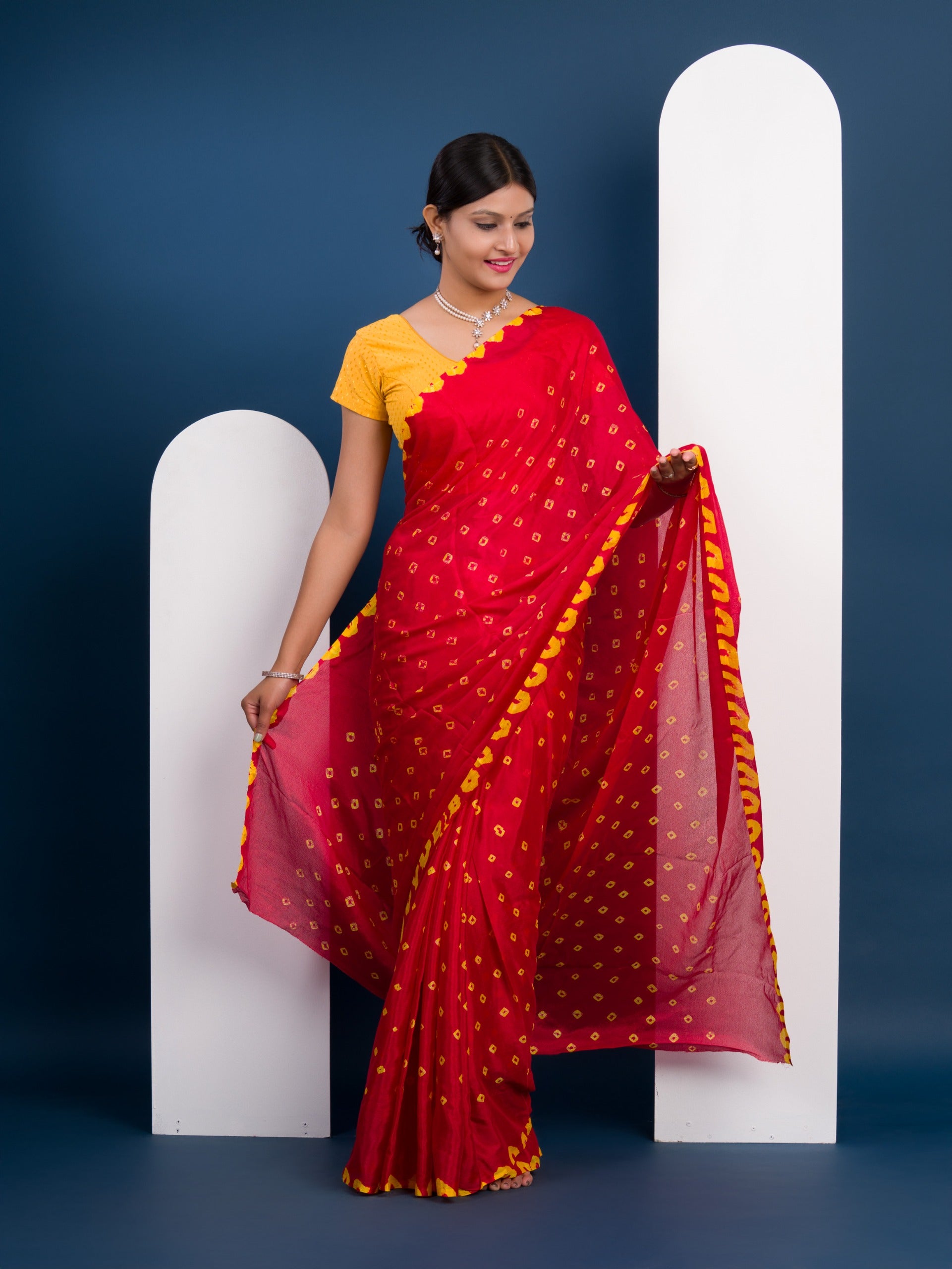 Chinon Silk Bandhani Style Sareein red and yellow colour under 1000