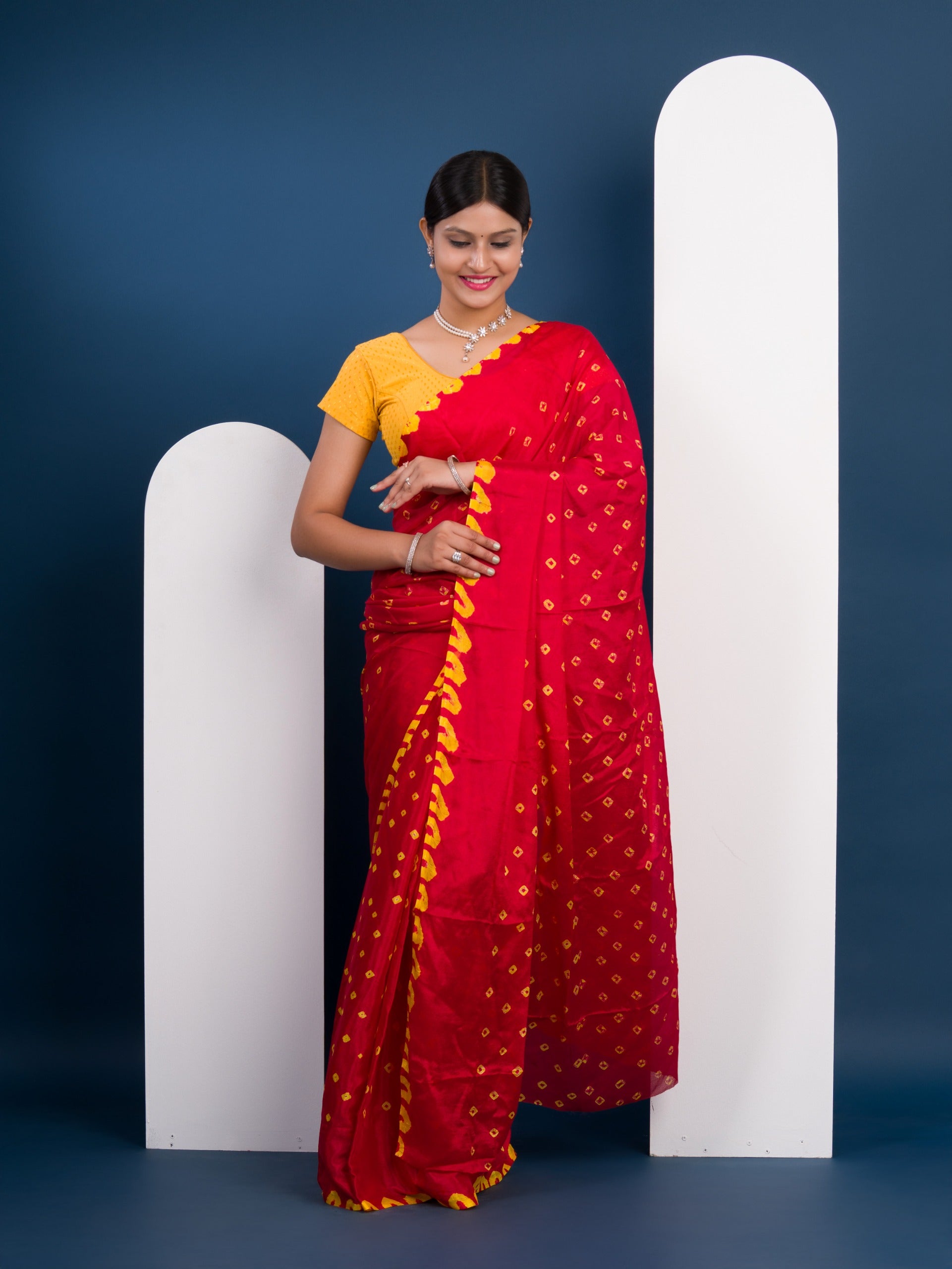 Chinon Silk Bandhani Style Sareein red and yellow colour under 1000