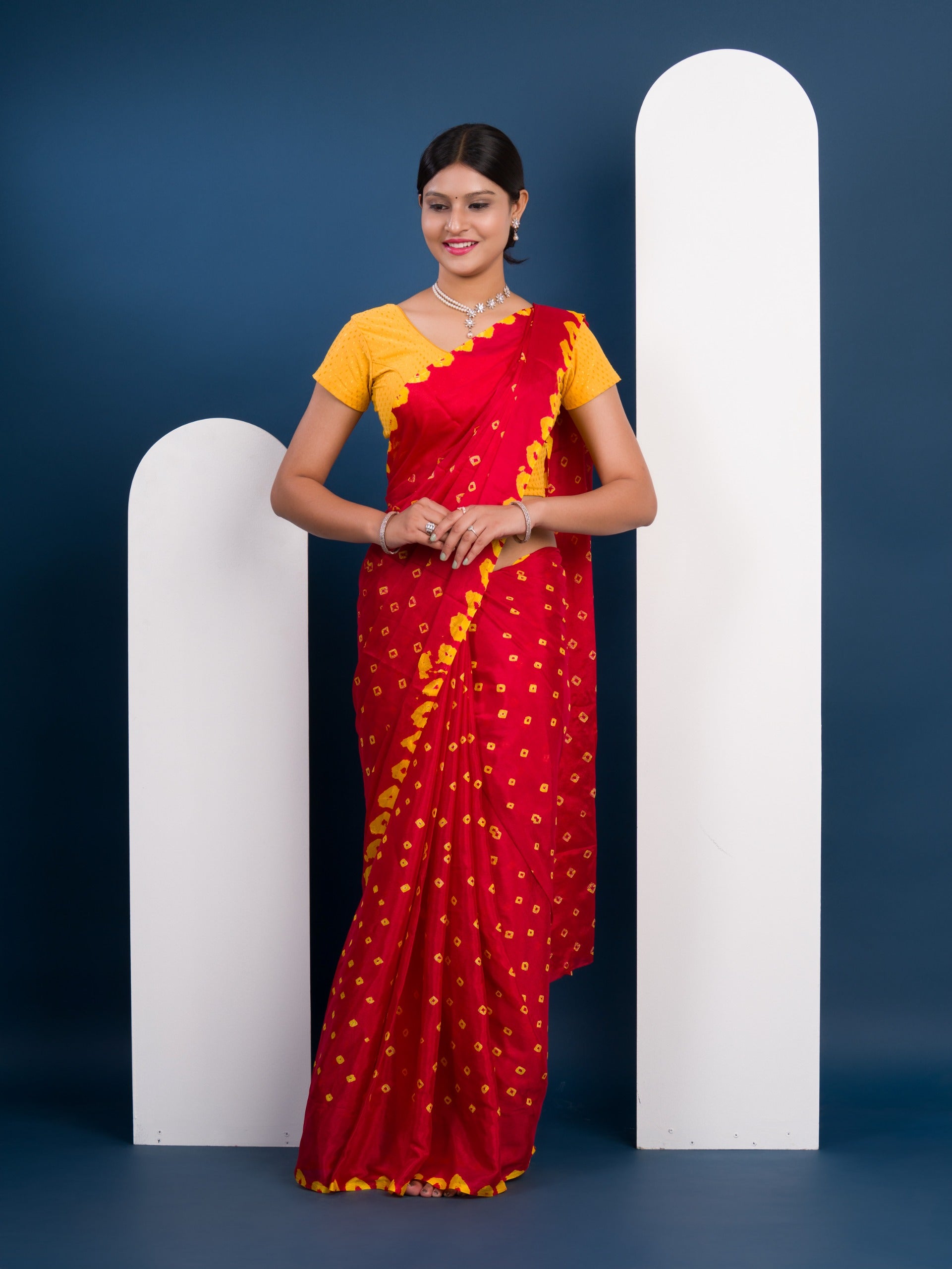 Chinon Silk Bandhani Style Sareein red and yellow colour under 1000