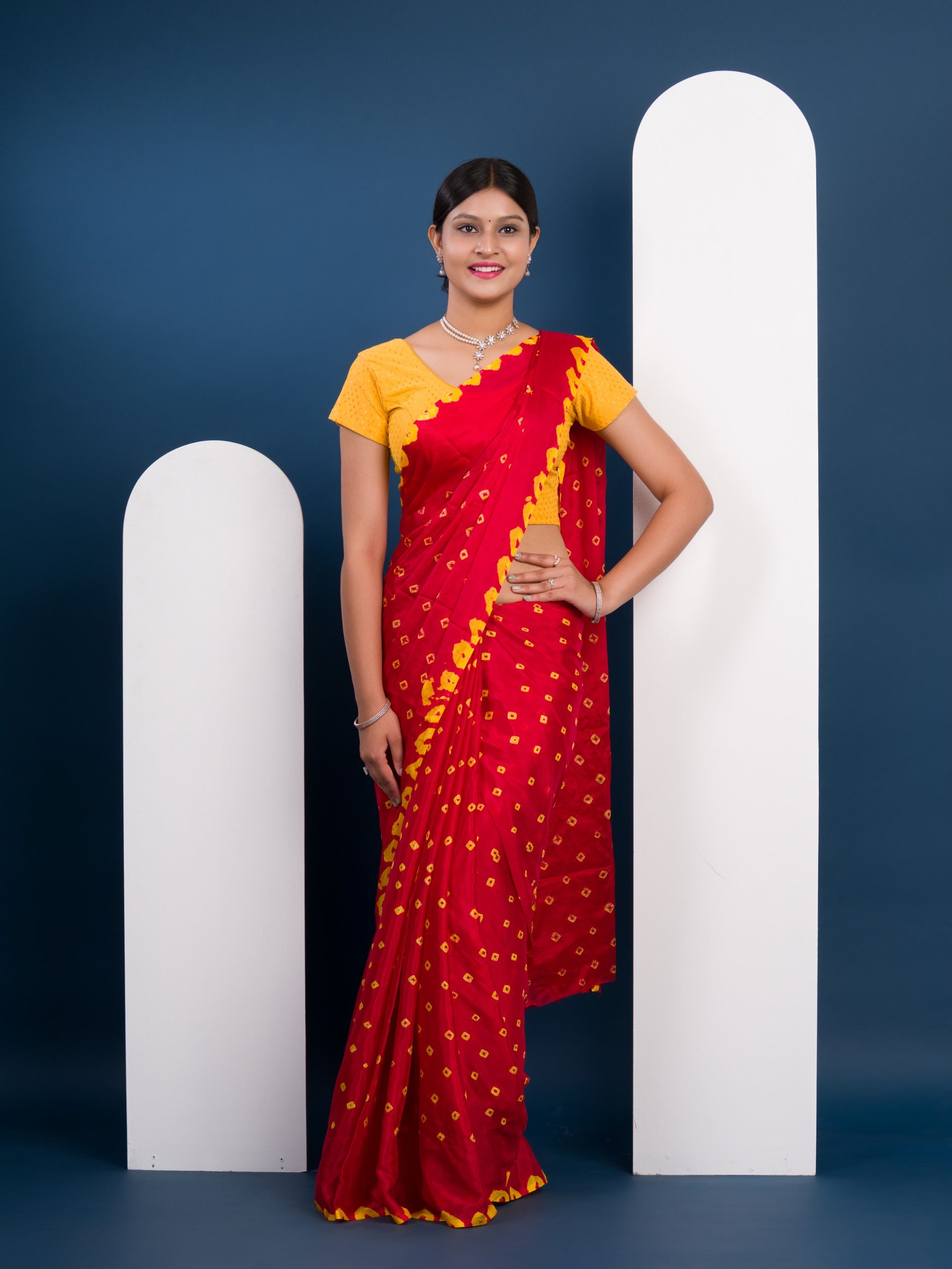 Chinon Silk Bandhani Style Sareein red and yellow colour under 1000