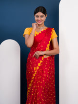 Chinon Silk Bandhani Style Sareein red and yellow colour under 1000