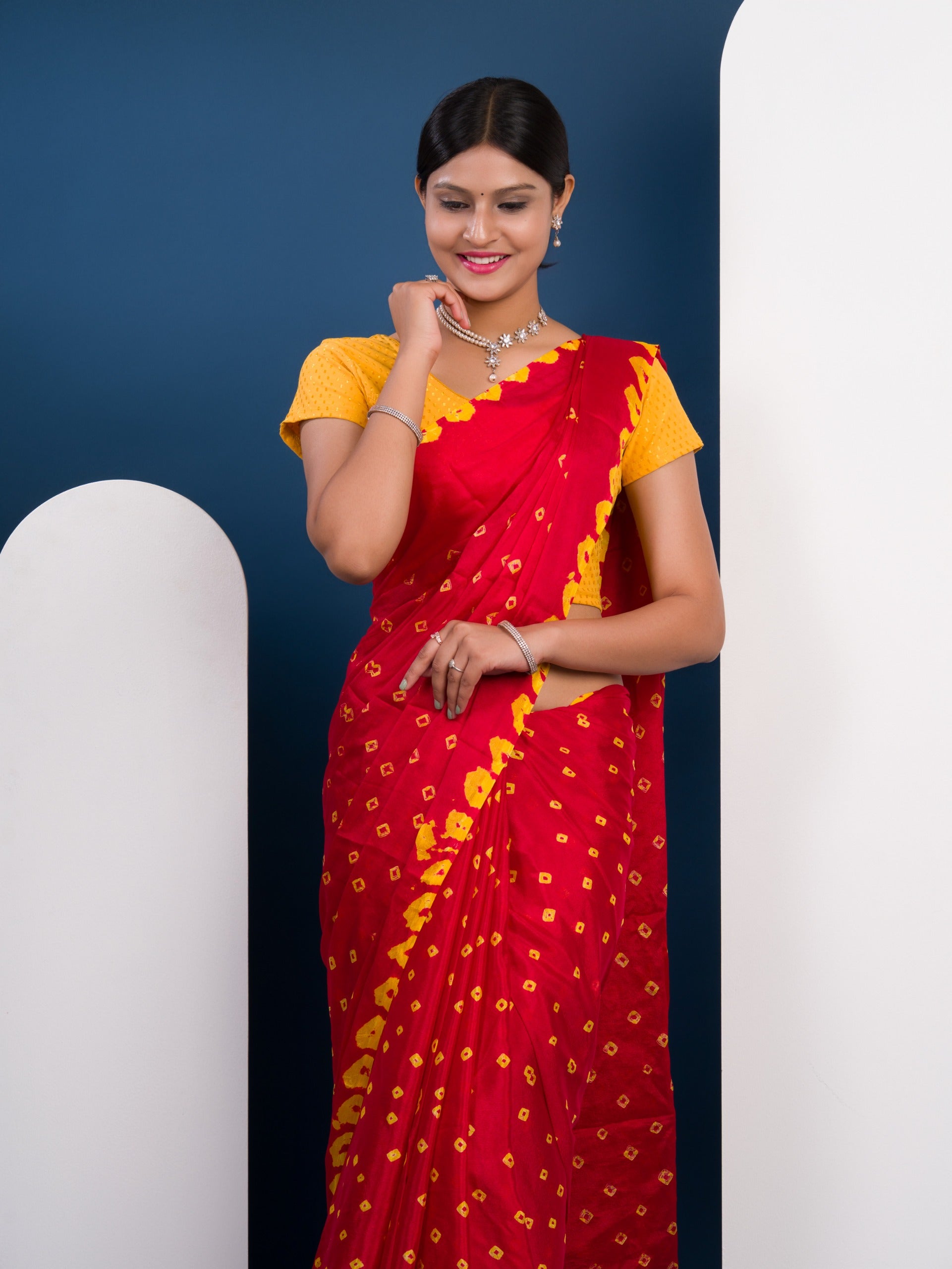 Chinon Silk Bandhani Style Sareein red and yellow colour under 1000