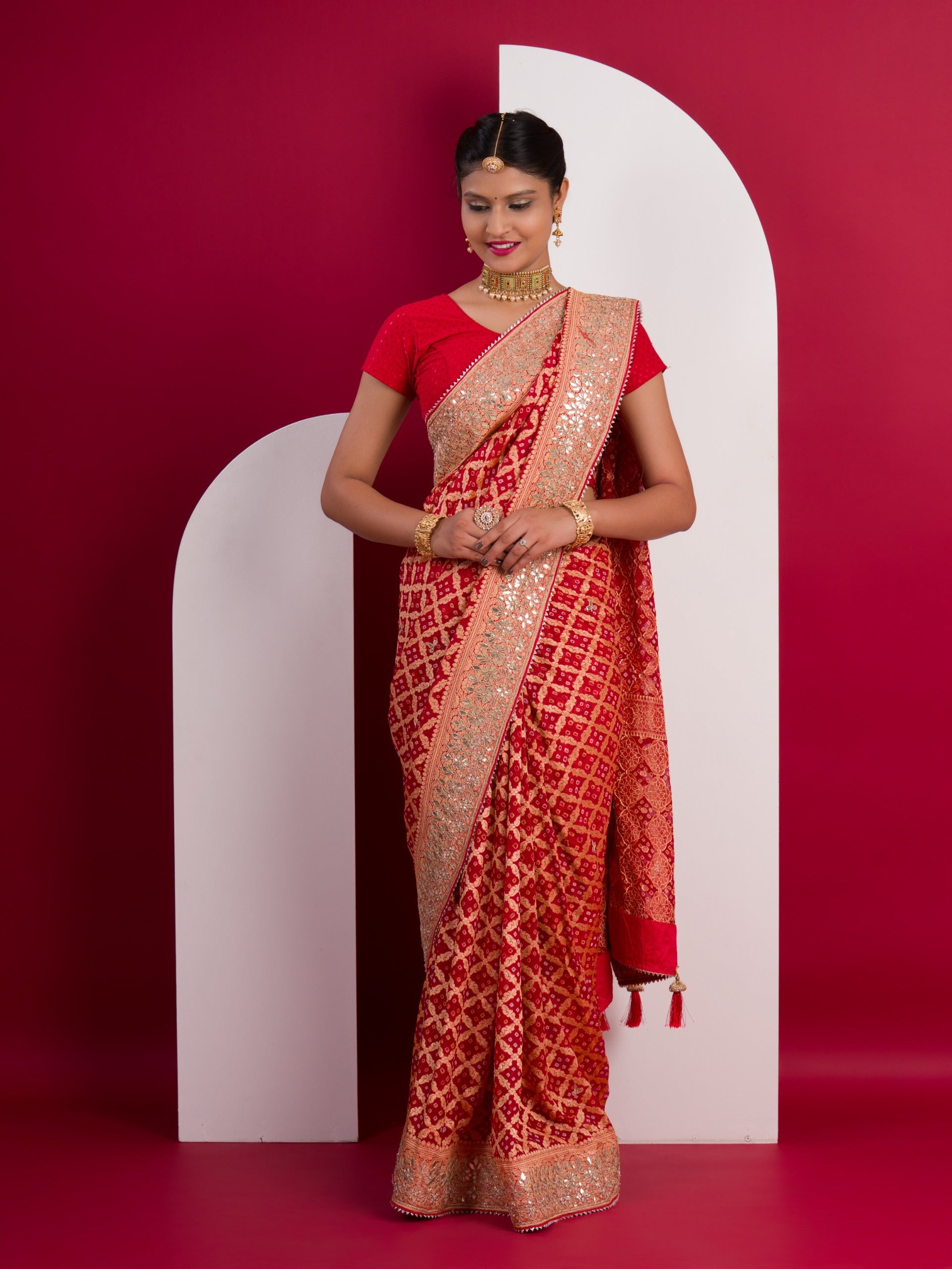 Neemzari Bandhani saree with beeutiful gota pati work