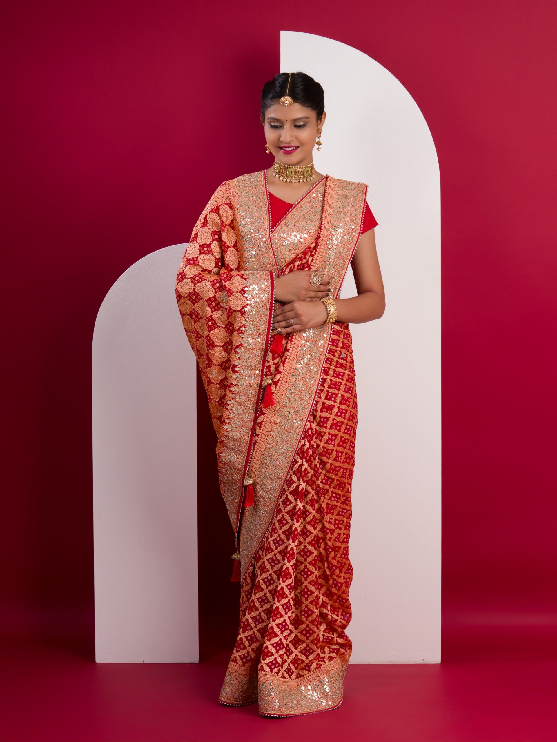 Neemzari Bandhani saree with beeutiful gota pati work