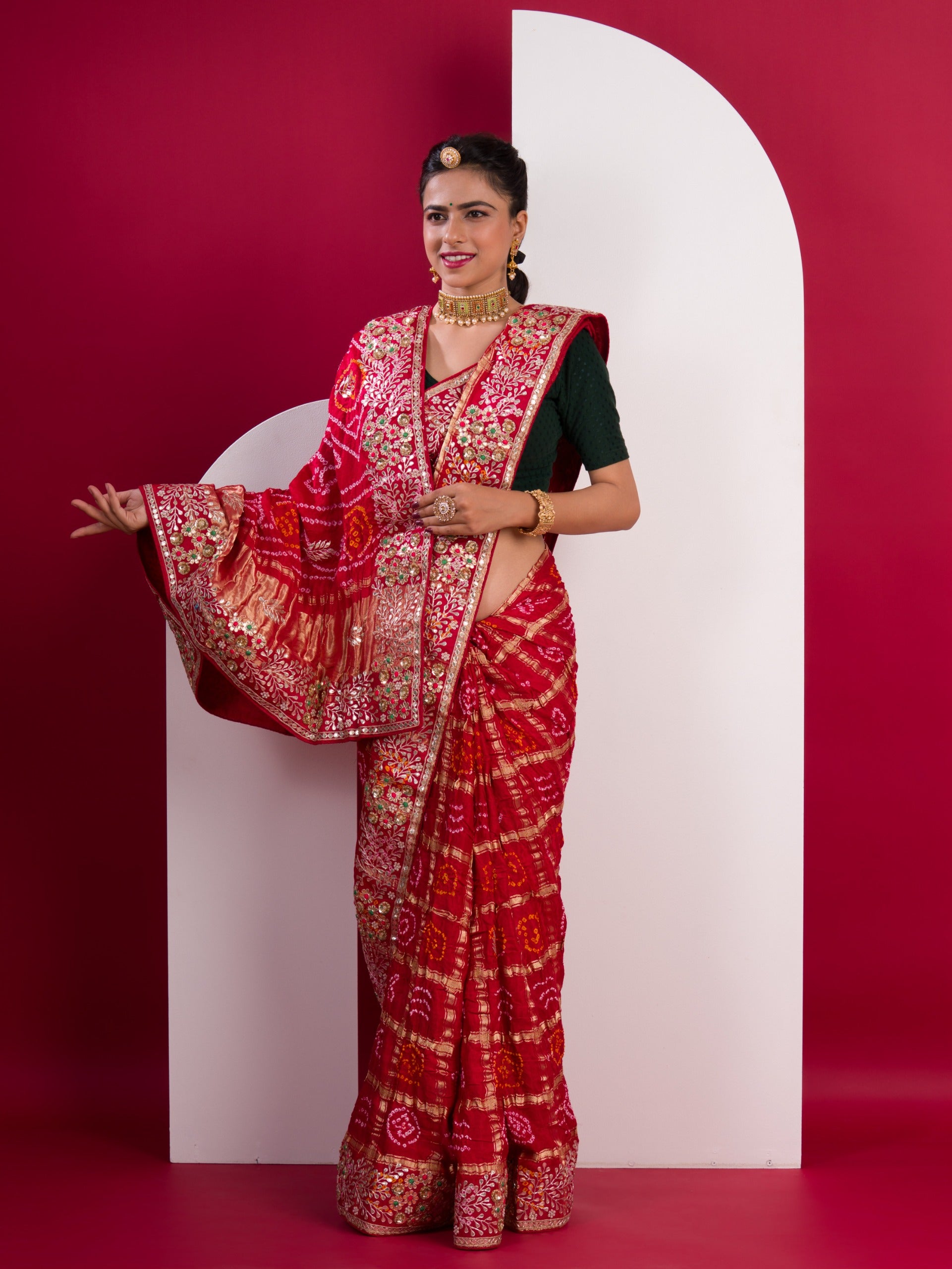 Gaji Silk Bandhani Gharchola Gotapatti Work Saree
