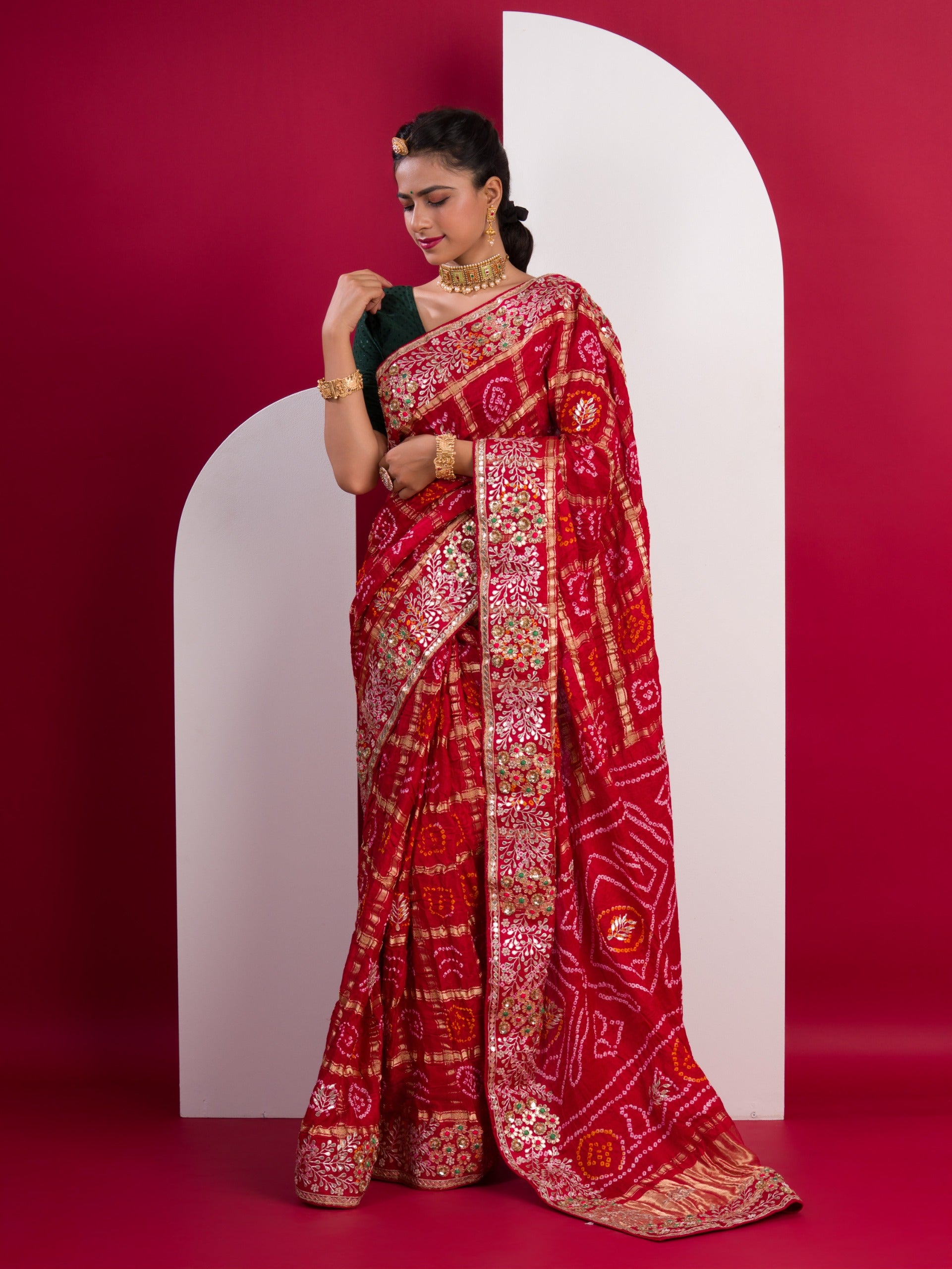 Gaji Silk Bandhani Gharchola Gotapatti Work Saree
