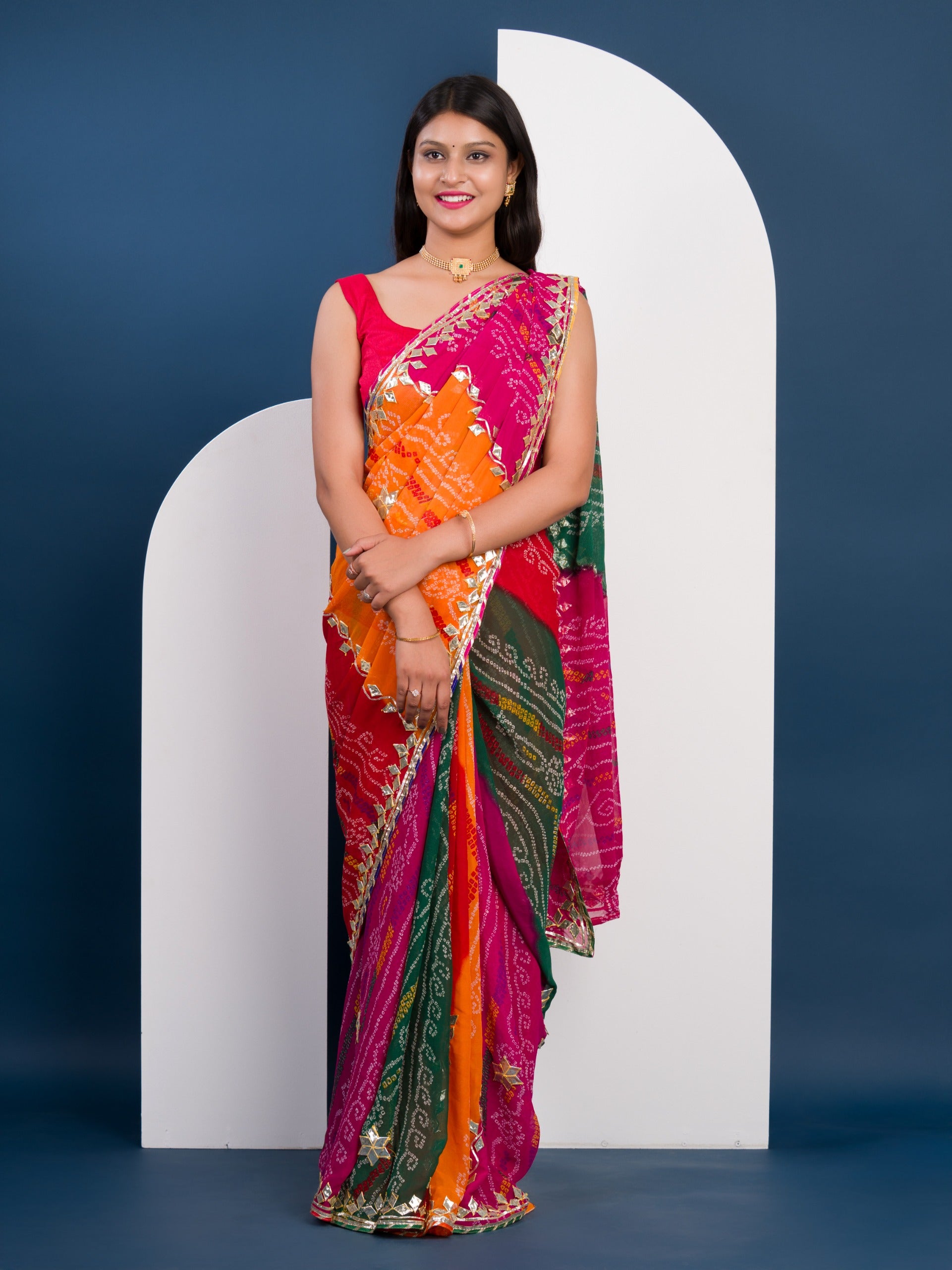 KcPc Pure Georgette Multi Colour Leheriya Bandhej Gotapatti Work SareeMHS