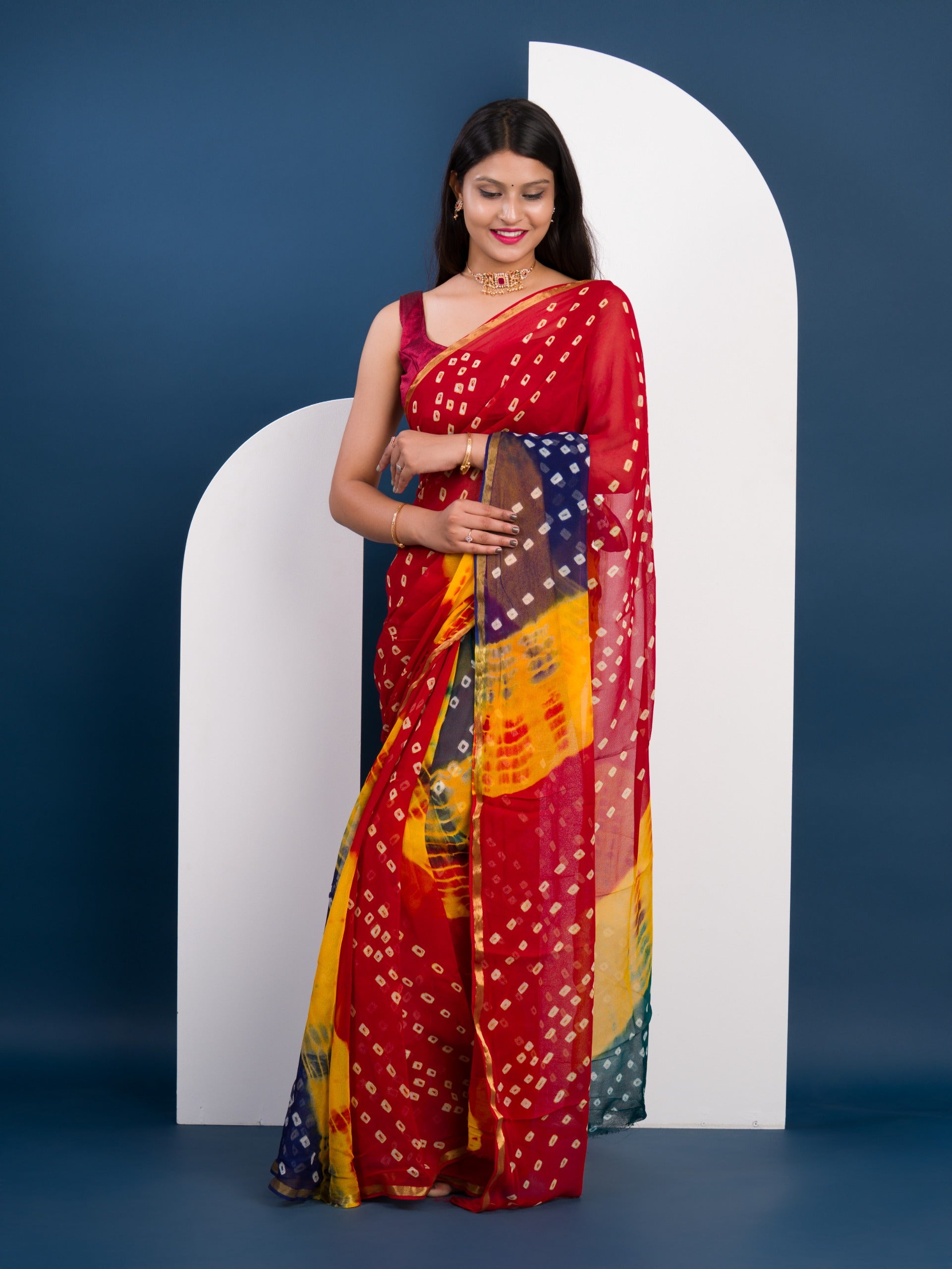 KcPc New Pure Georgette Multi Colour Shibori Print Bandhni saree KRN