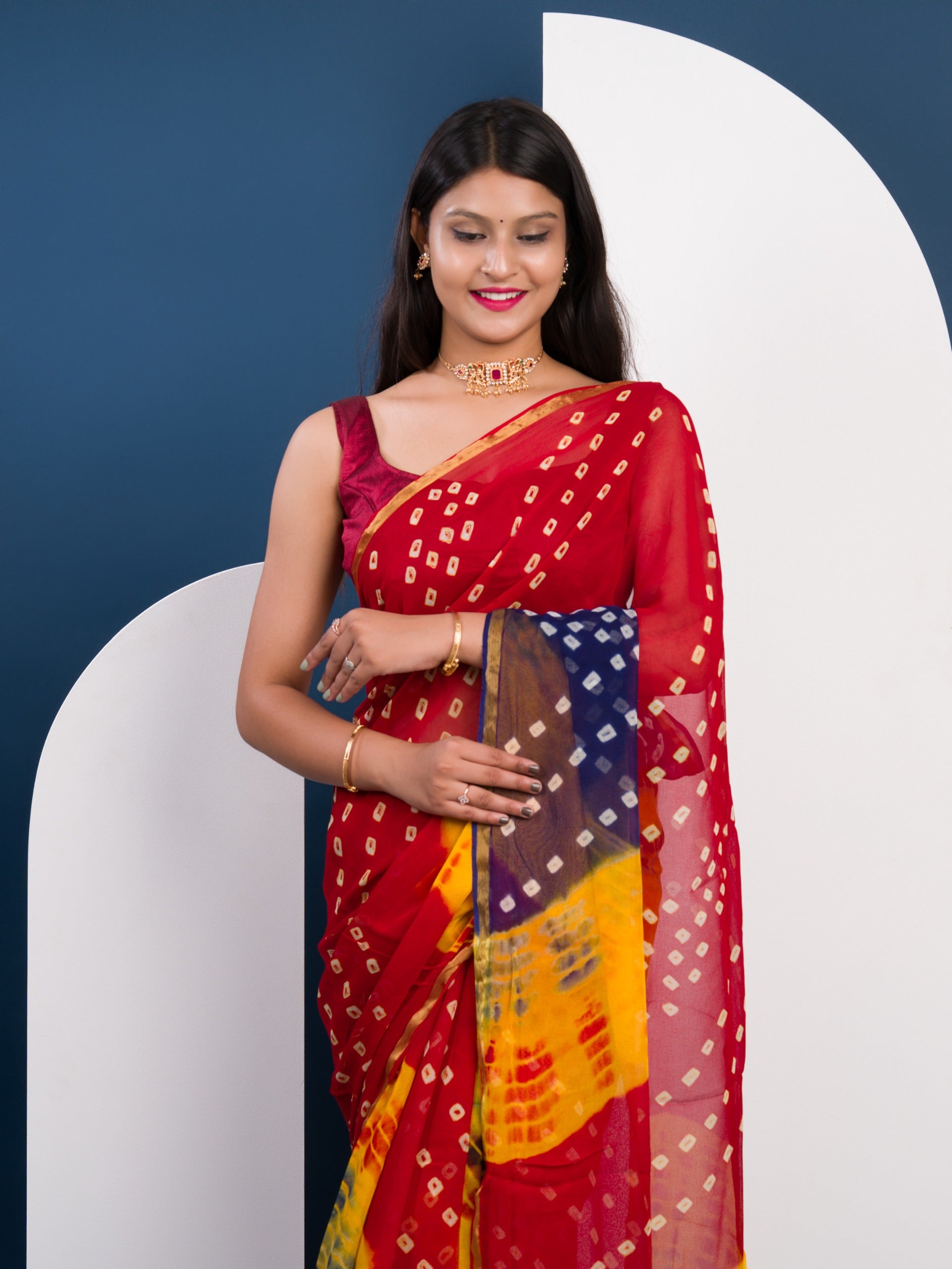KcPc New Pure Georgette Multi Colour Shibori Print Bandhni saree KRN