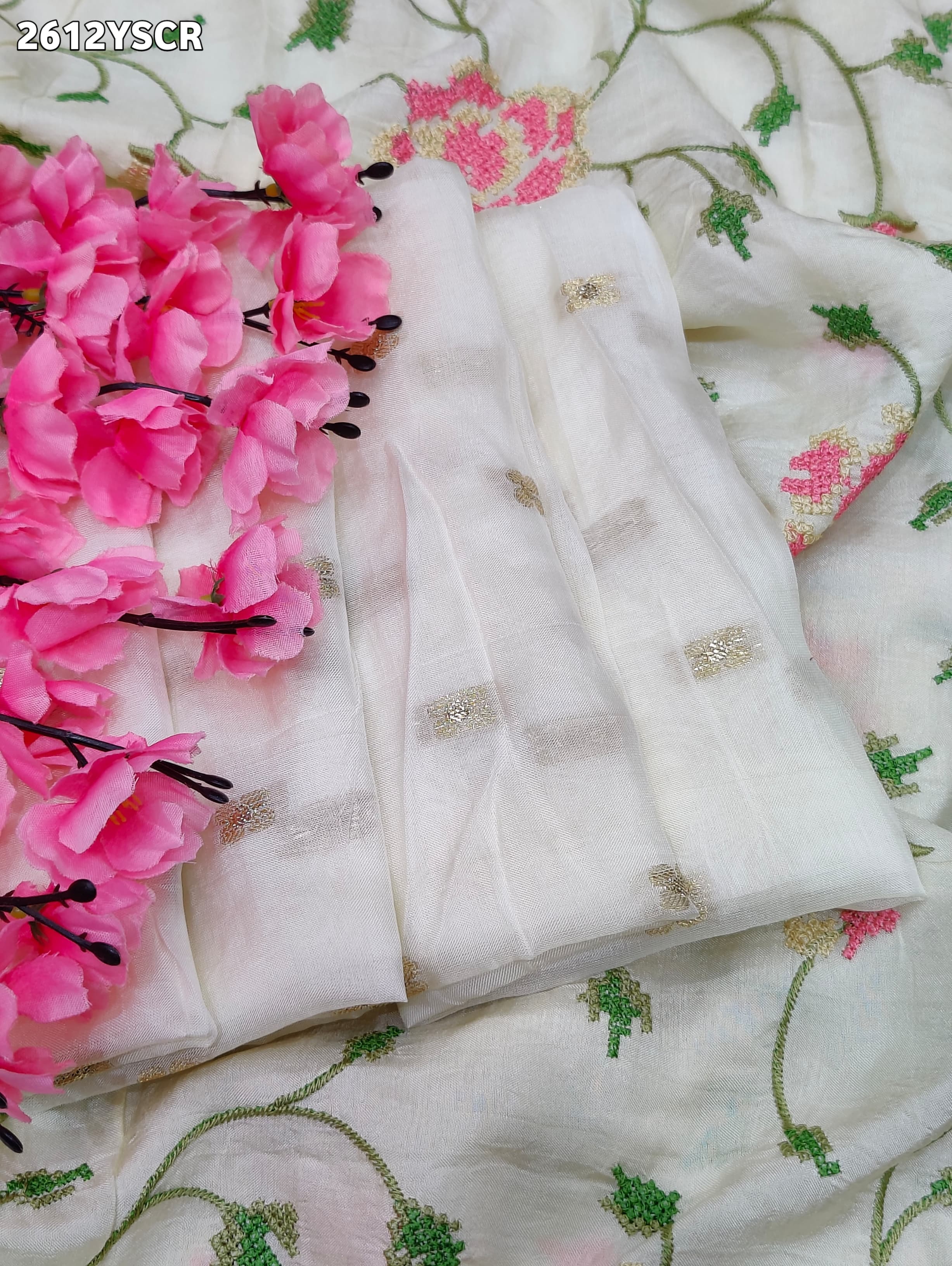 BUy Silk Banarasi Style With Kashida Work Saree in white colour