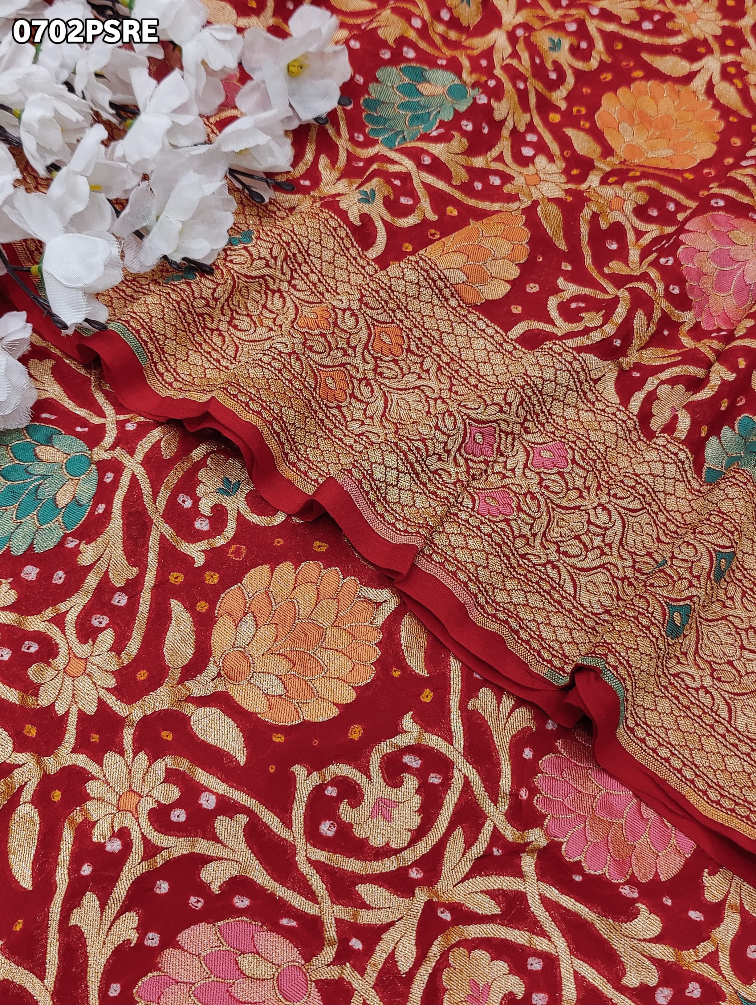 KcPc Originals Pure Meenakari Khaddi Georgette Upada Janglaw Bandhani Neemzari Saree Red