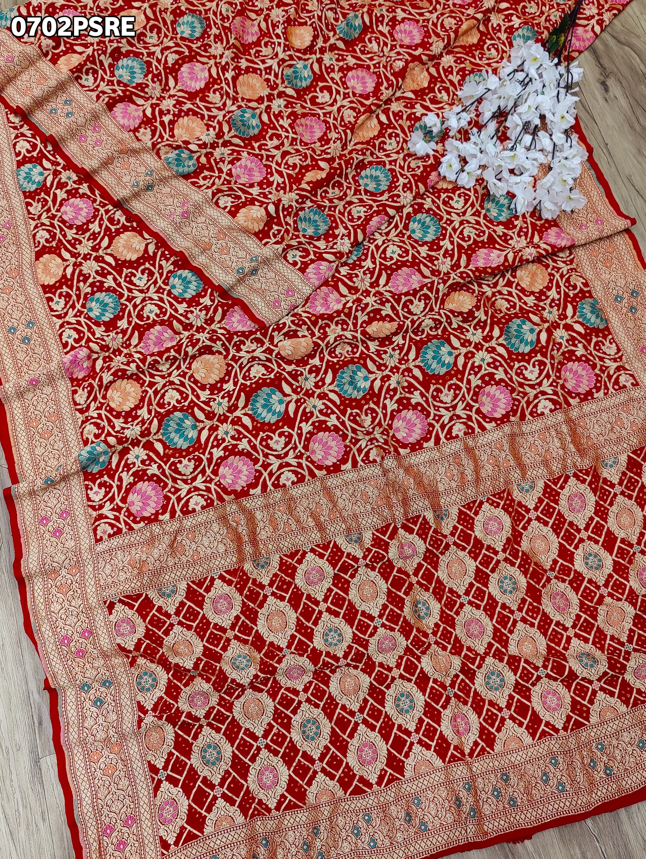 KcPc Originals Pure Meenakari Khaddi Georgette Upada Janglaw Bandhani Neemzari Saree Red
