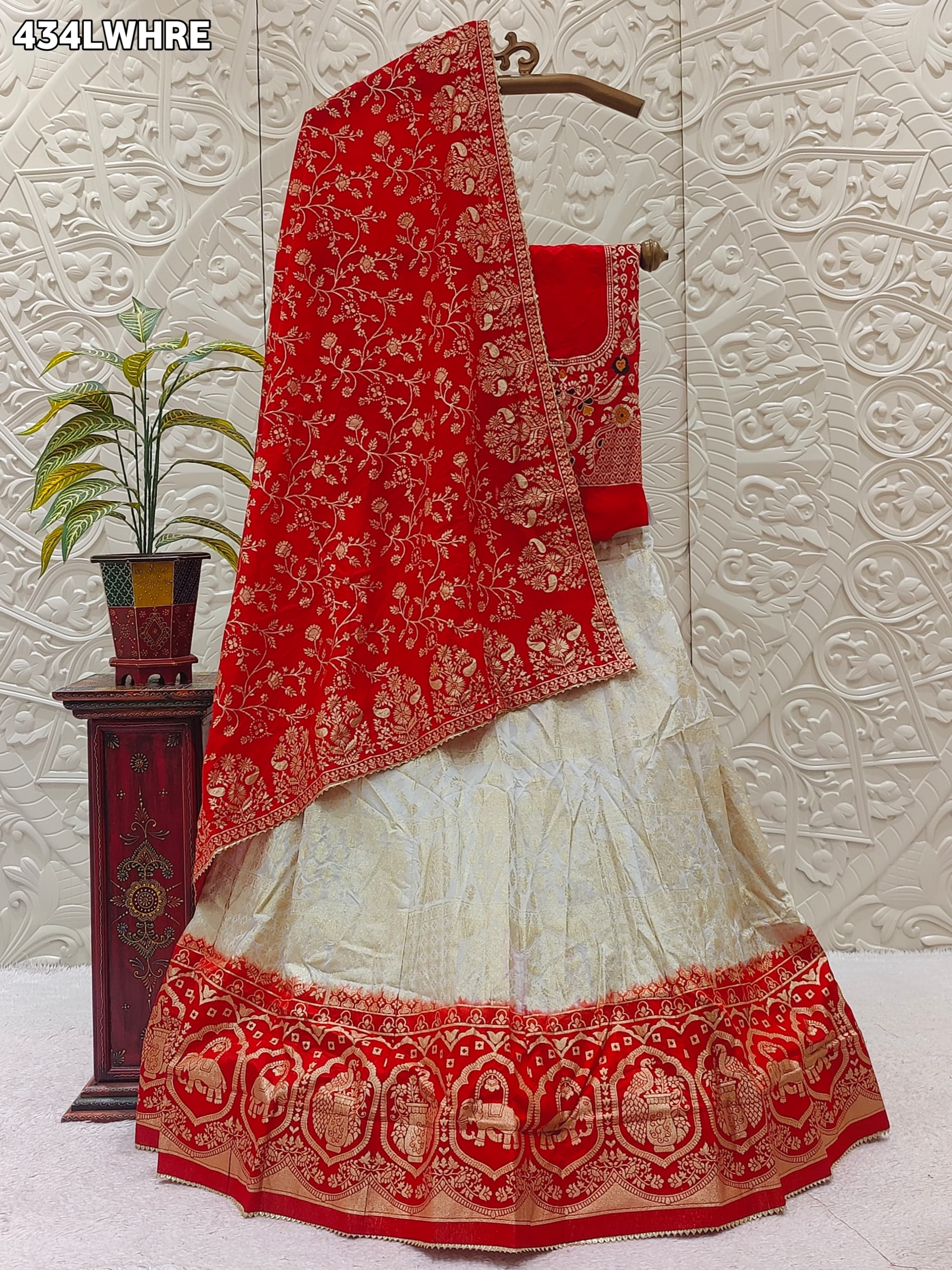 KcPc Pure banarasi dola silk with zari work LehengaBTUWhite red