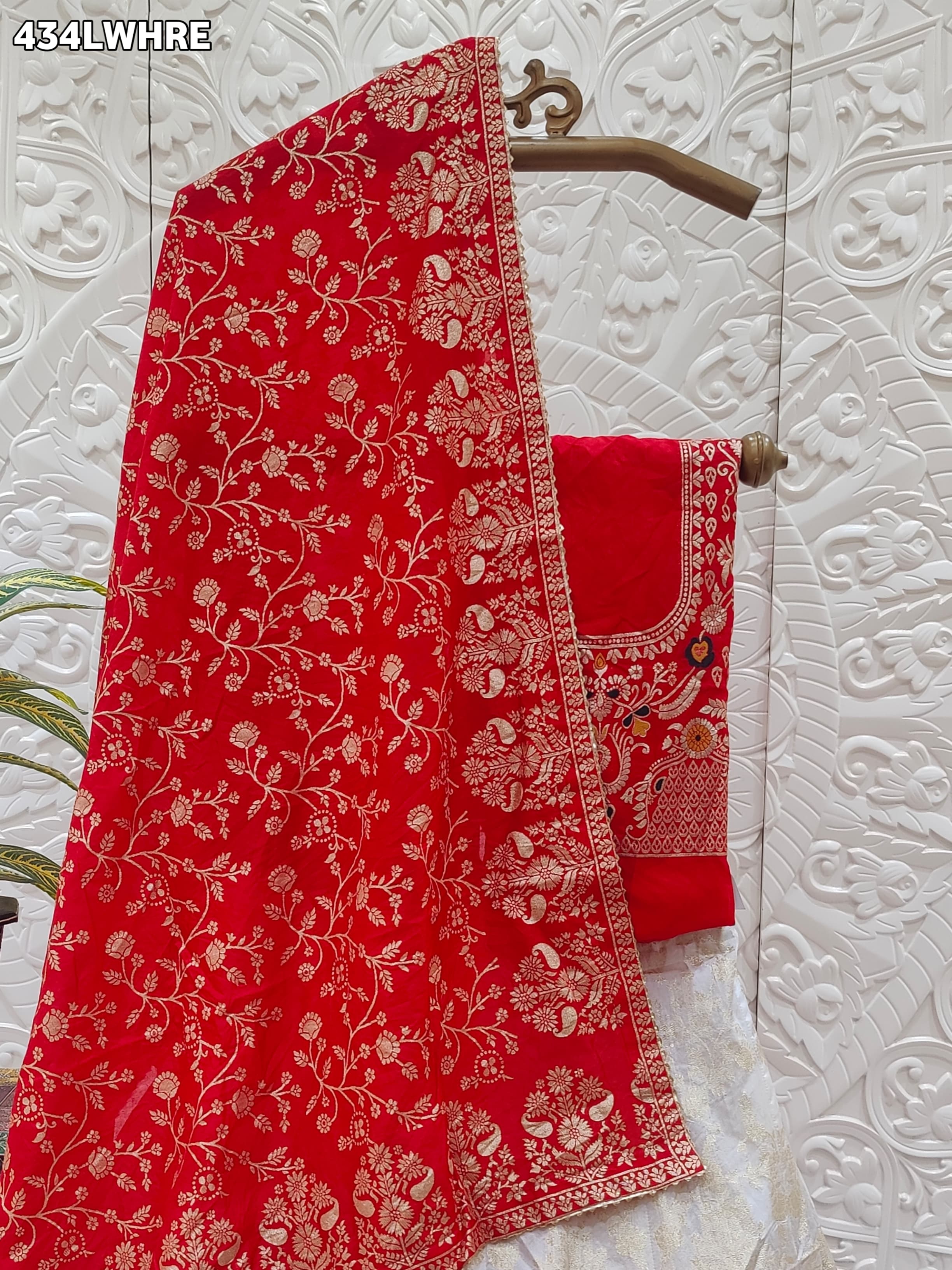 KcPc Pure banarasi dola silk with zari work LehengaBTUWhite red