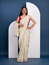 off white colour saree in red colour blouse