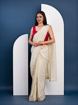 off white colour saree in red colour blouse