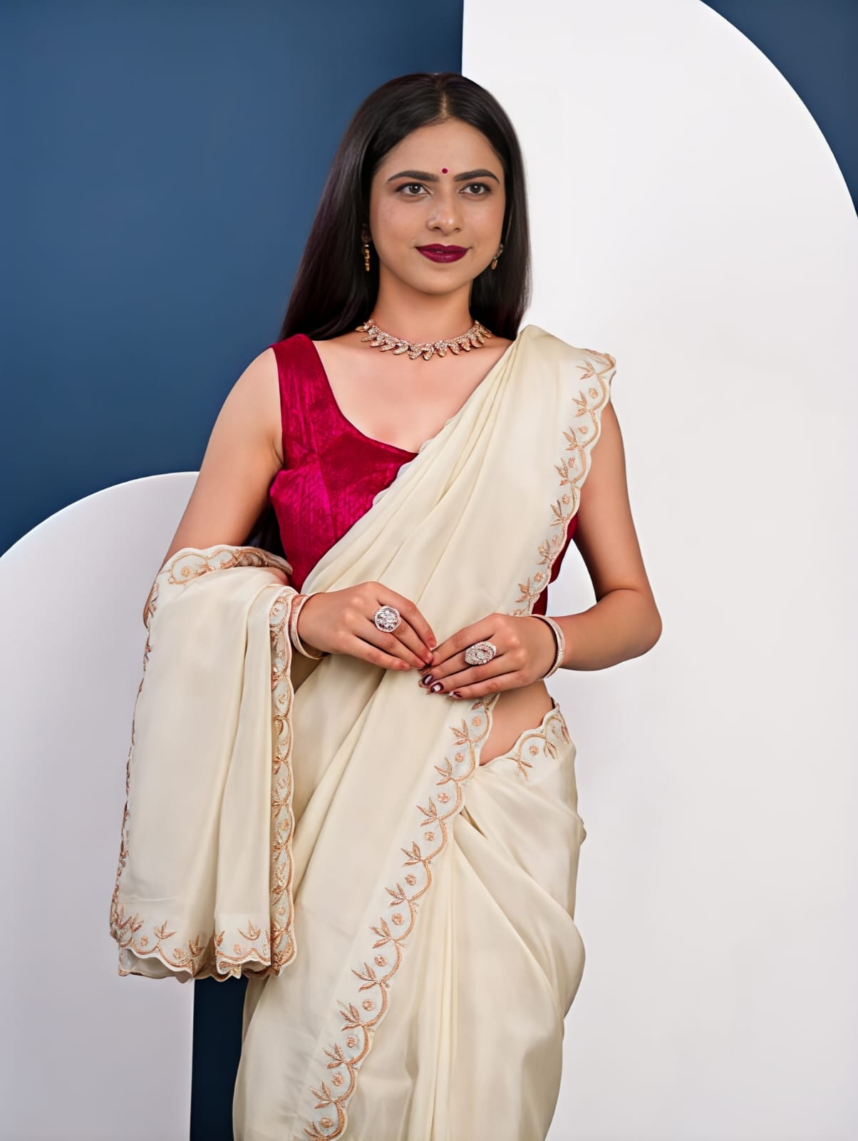 off white colour saree in red colour blouse