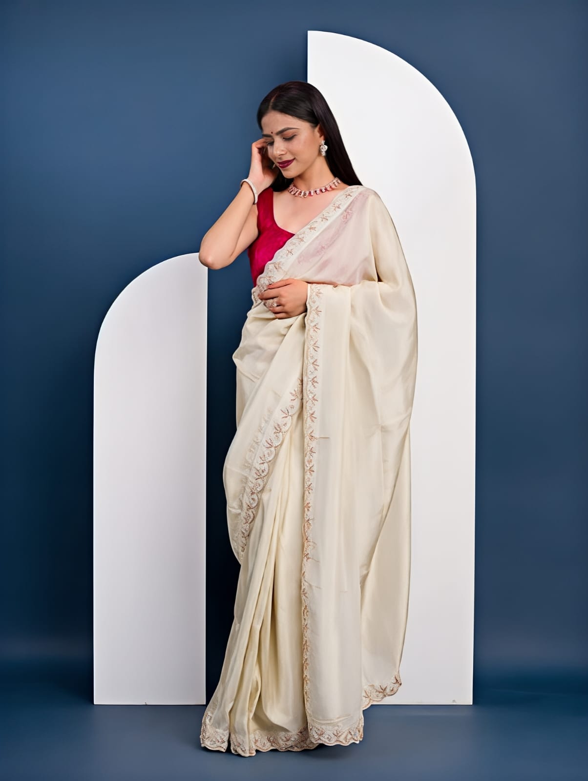 off white colour saree in red colour blouse