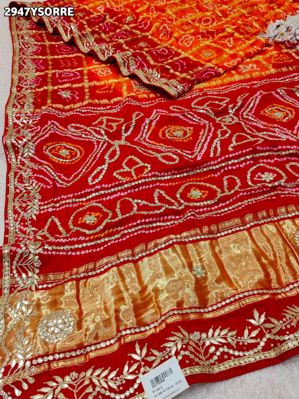 By Bandhani Saree With Gota Patti Work