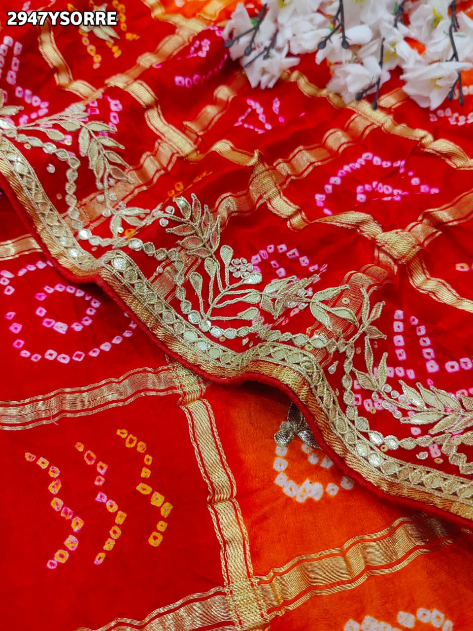 By Bandhani Saree With Gota Patti Work