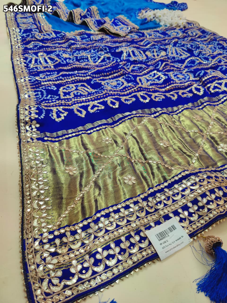 KcPc Pure Gaji Silk Handmade Bandhej Piliya Style Gotapatti Work Saree AMT Firozi Blue