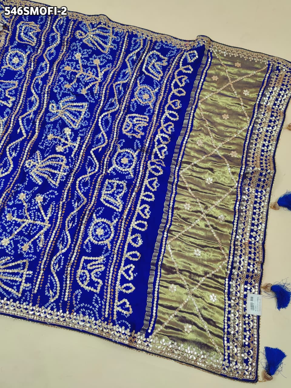 KcPc Pure Gaji Silk Handmade Bandhej Piliya Style Gotapatti Work Saree AMT Firozi Blue