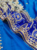 KcPc Pure Gaji Silk Handmade Bandhej Piliya Style Gotapatti Work Saree AMT Firozi Blue