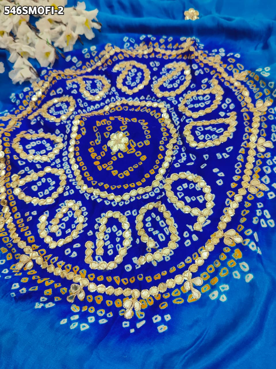 KcPc Pure Gaji Silk Handmade Bandhej Piliya Style Gotapatti Work Saree AMT Firozi Blue