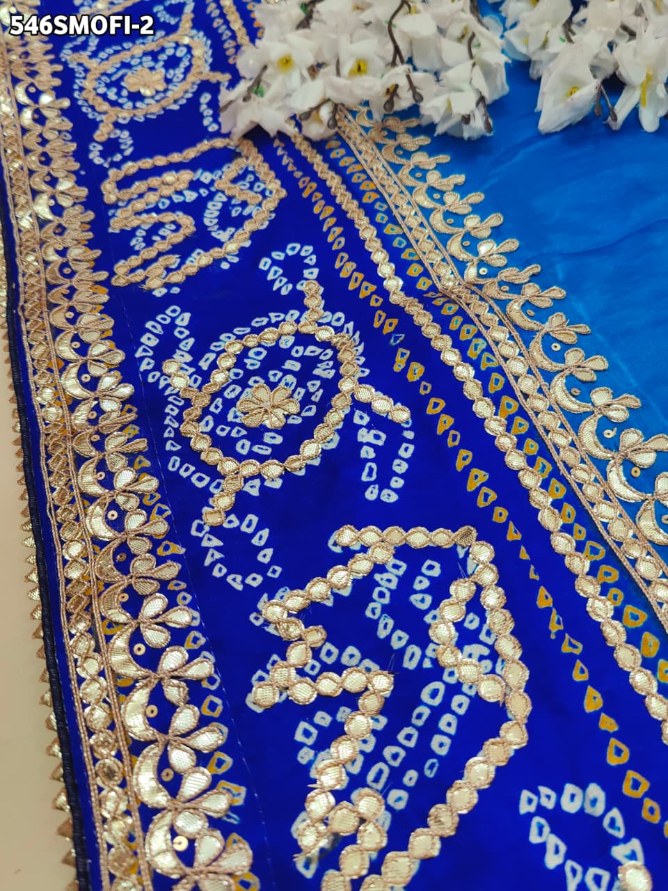 KcPc Pure Gaji Silk Handmade Bandhej Piliya Style Gotapatti Work Saree AMT Firozi Blue