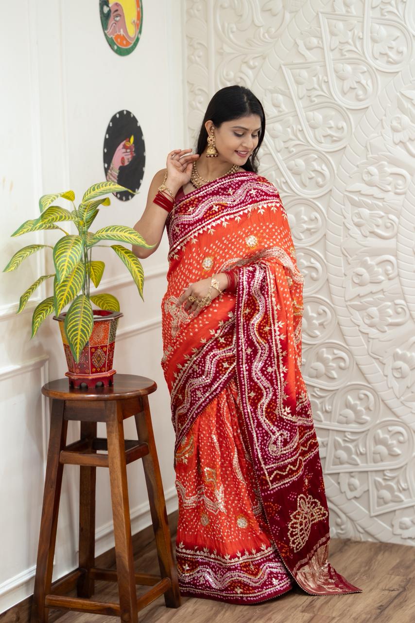 Red saree with white patterns Gaji Silk Bandhani Heavy Gotapatti Work