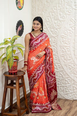 Red saree with white patterns Gaji Silk Bandhani Heavy Gotapatti Work