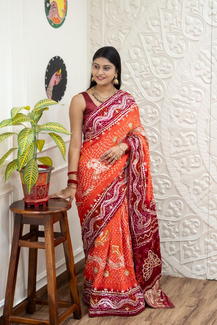 Red saree with white patterns Gaji Silk Bandhani Heavy Gotapatti Work