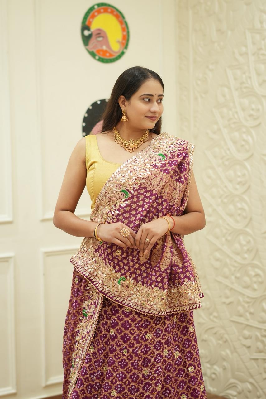 KcPc New Designer Pure Khaddi Georgette Neemjari Bandhej Ghatchola Gotapatti LehengaBTU