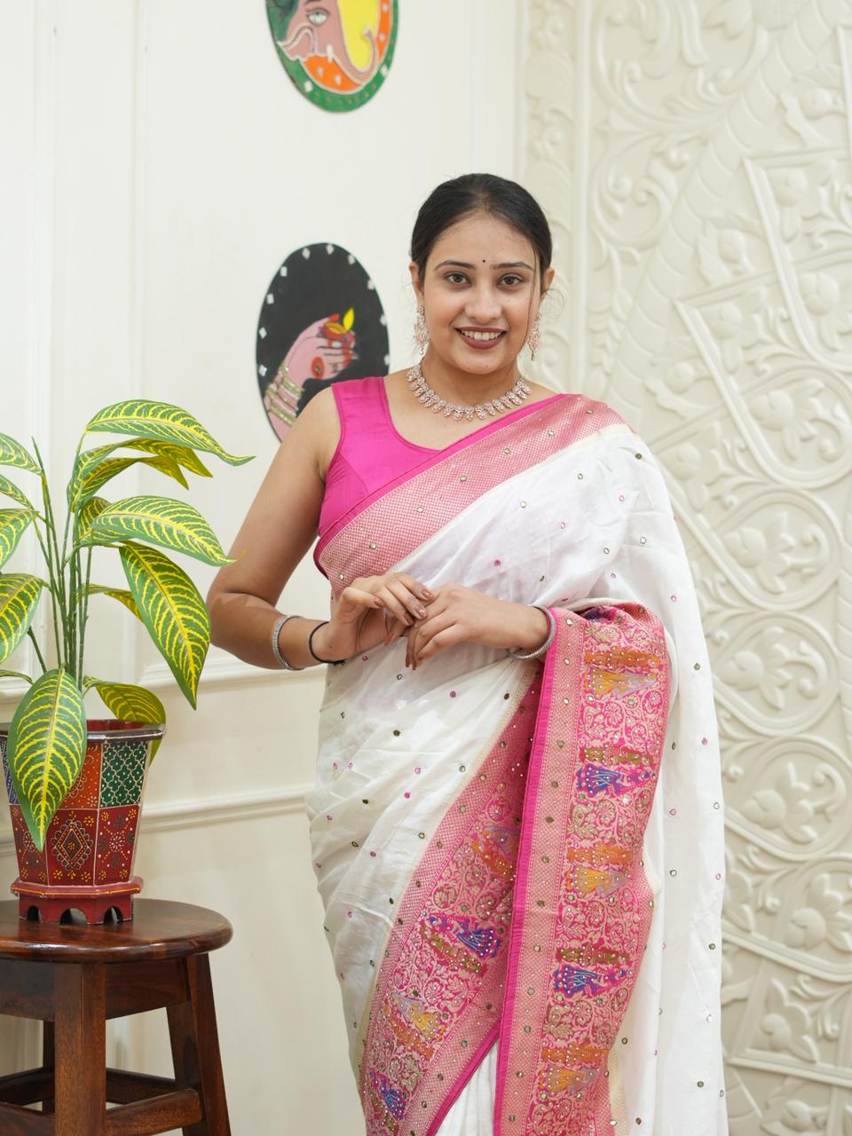 By NewLuxury Kalamkari Saree With Exquisite Cutdana Mirror Work