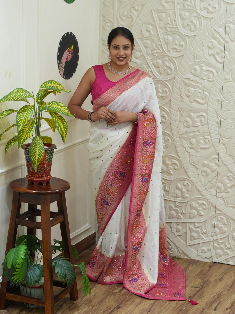 By NewLuxury Kalamkari Saree With Exquisite Cutdana Mirror Work