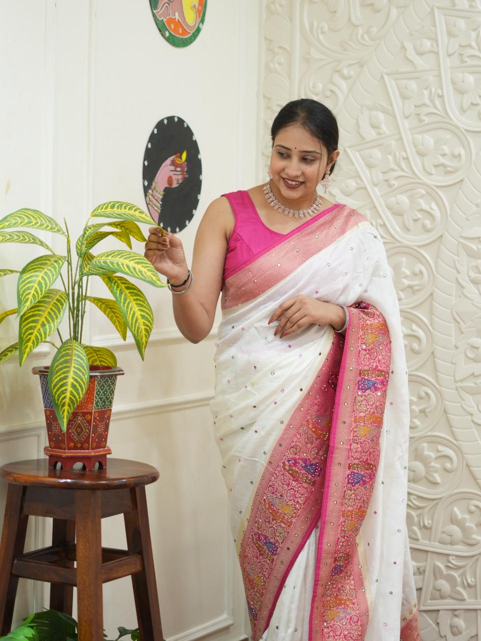 By NewLuxury Kalamkari Saree With Exquisite Cutdana Mirror Work