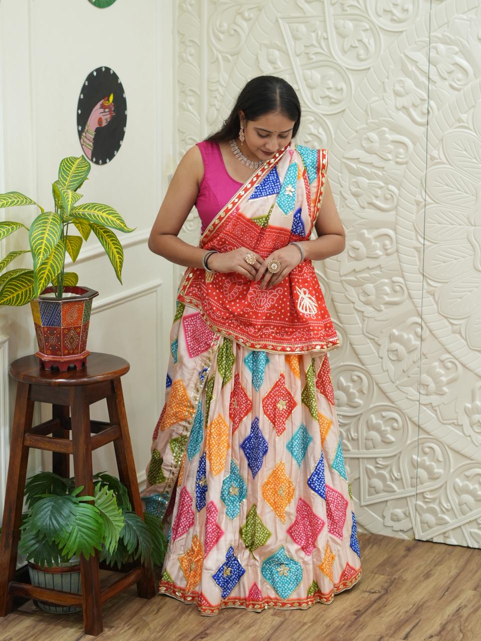 KcPc New Modal Gaji Silk Bandhani Lehenga with Elegant Gotapatti Work Festive WearSFS
