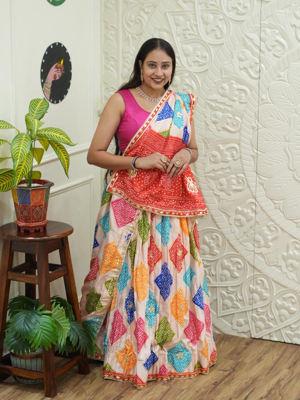 KcPc New Modal Gaji Silk Bandhani Lehenga with Elegant Gotapatti Work Festive WearSFS