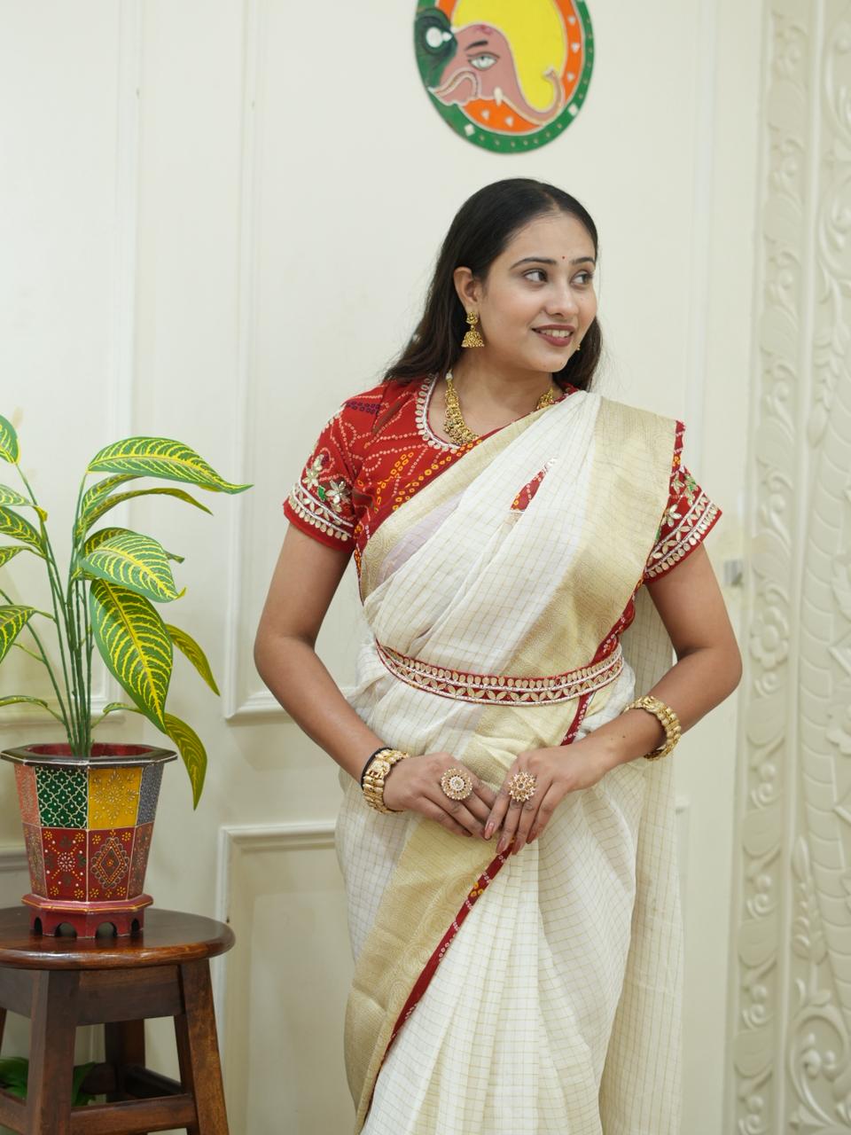 KcPc Pure Organza Gota Patti Bandhej Work Sareesatish